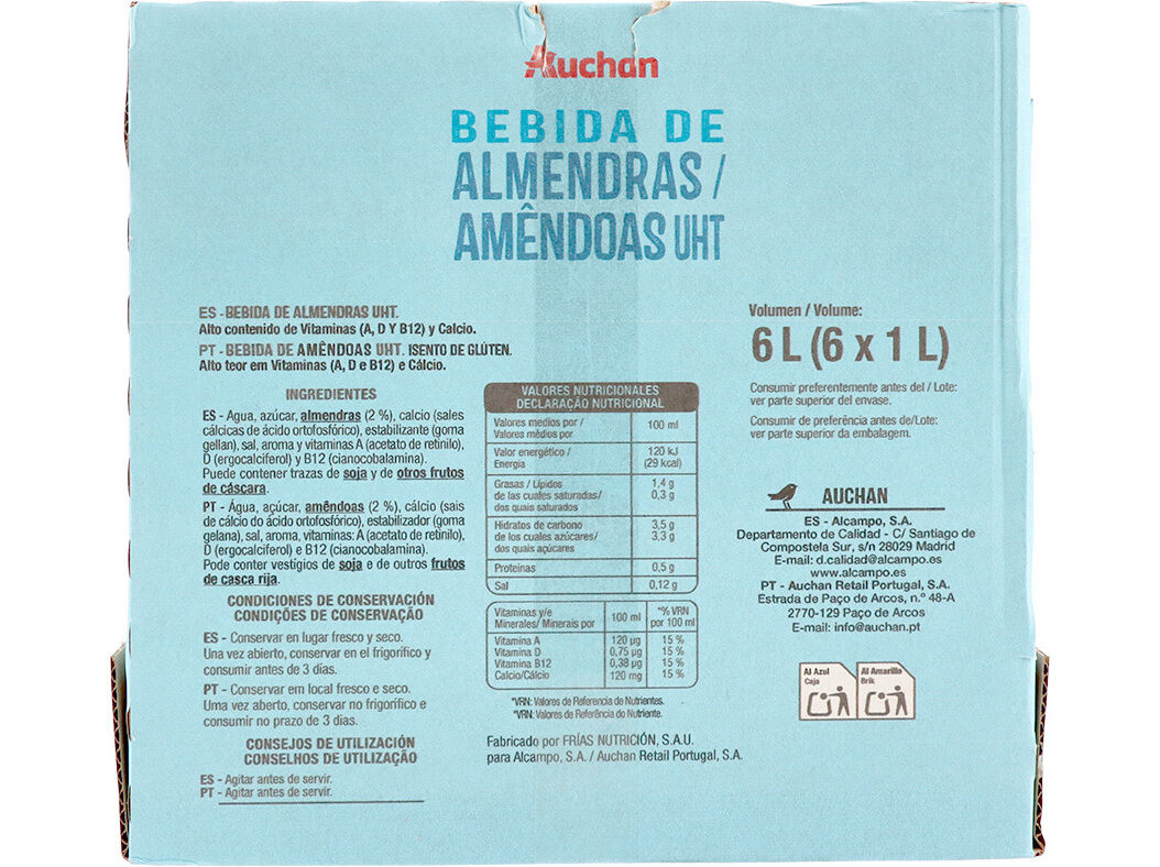 BEBIDA DE AM&Ecirc;NDOAS UHT AUCHAN SEM GL&Uacute;TEN 6X1L image number 1