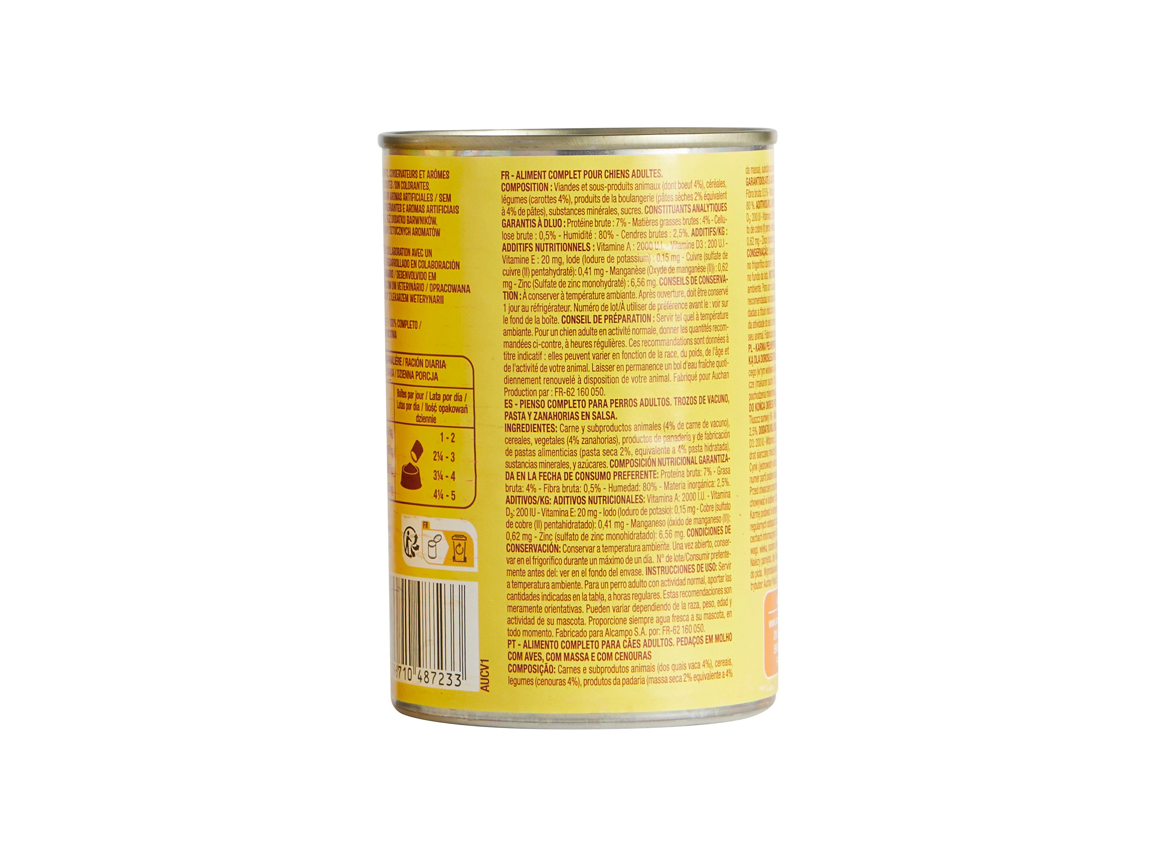 COMIDA H&Uacute;MIDA PARA C&Atilde;O AUCHAN PEDA&Ccedil;OS EM MOLHO VACA E COM MASSA 400G image number 1