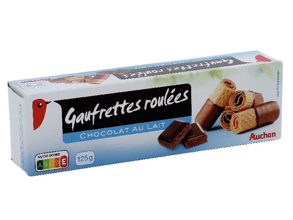 BOLACHA AUCHAN WAFFERS ROLINHO SEMI COBERTURA CHOCOLATE LEITE 125G image number 0