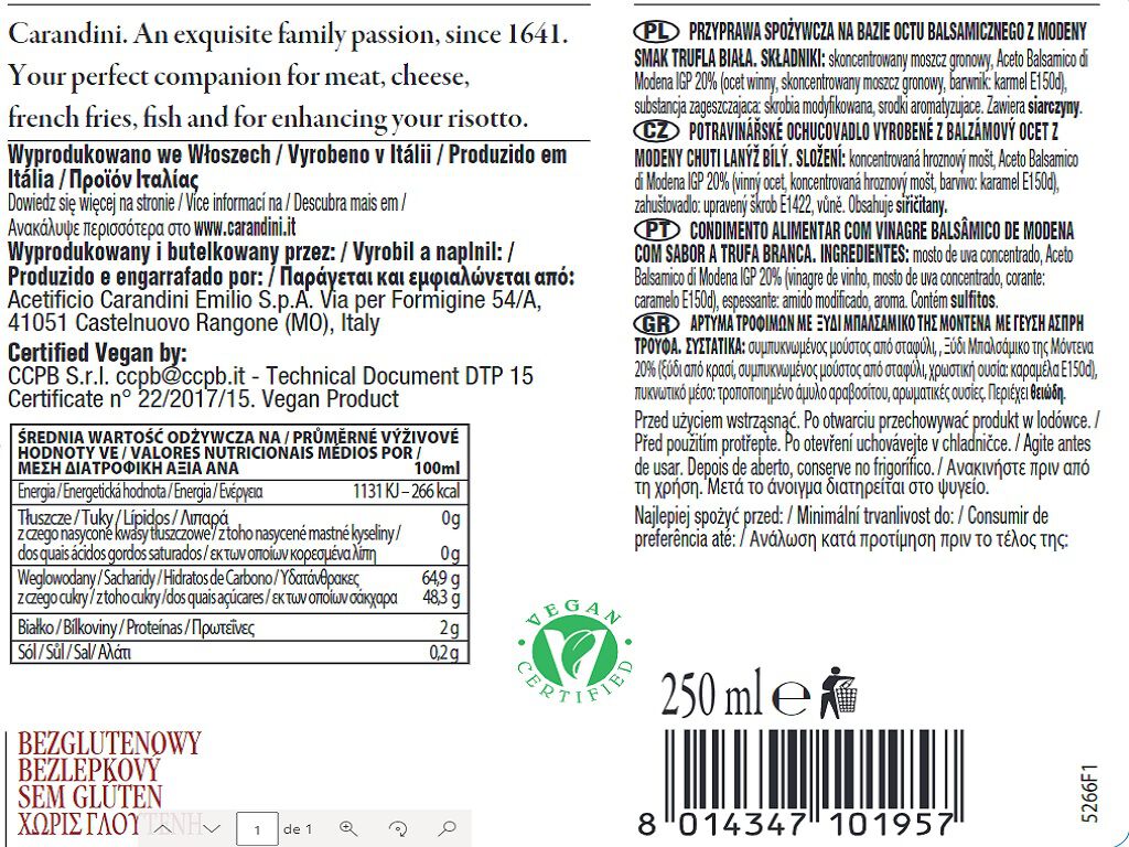 CREME BALS&Acirc;MICO CARANDINI TRUFA 250 ML image number 1