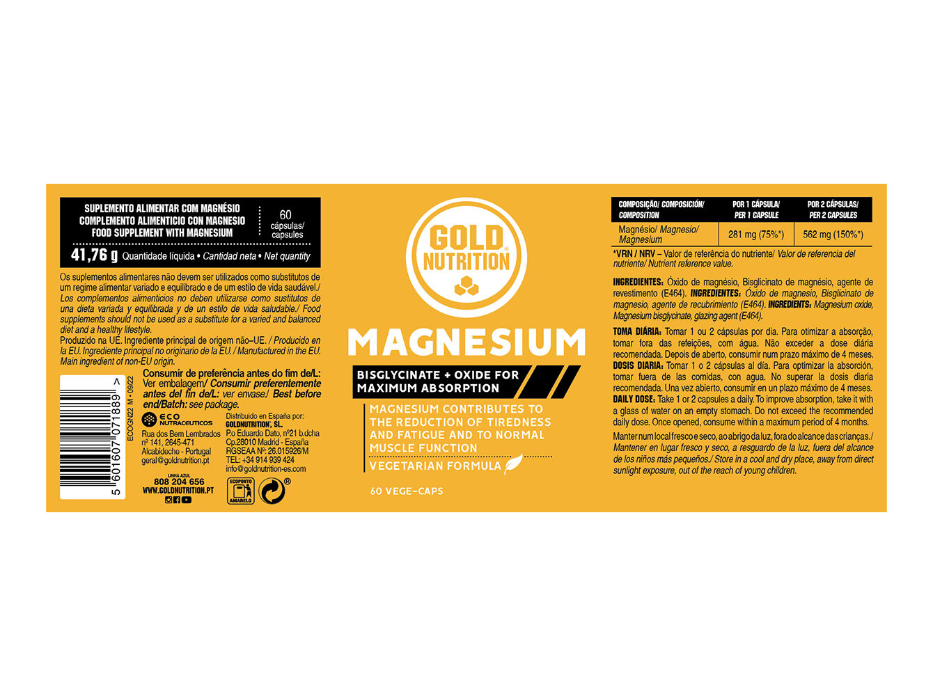 SUPLEMENTO GOLDNUTRITION MAGN&Eacute;SIO 60 CAPS image number 1