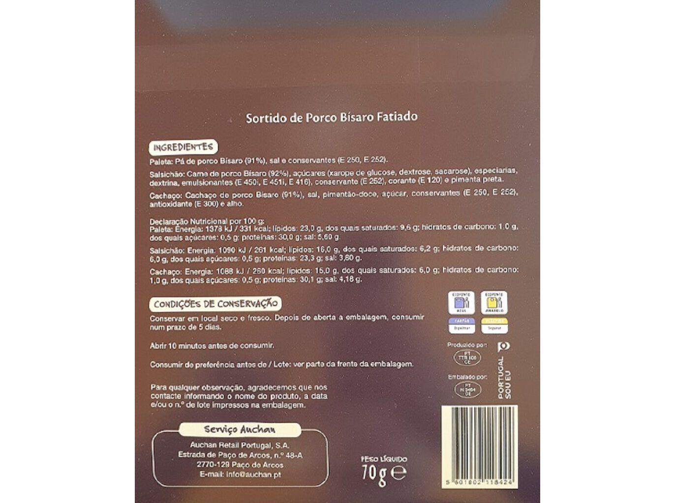 SORTIDO PORCO BISARO AUCHAN &Agrave; MESA EM PORTUGAL CULTIVAMOS O BOM FATIAS 70G image number 1