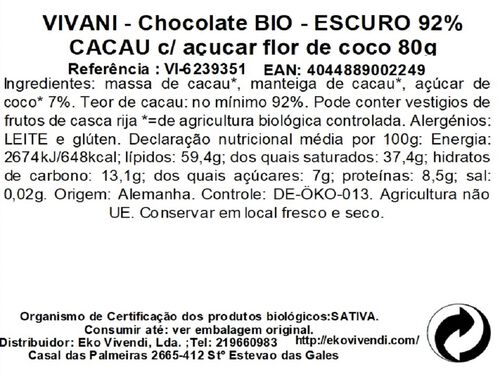 CHOCOLATE VIVANI PRETO 92% CACAU BIO 80G