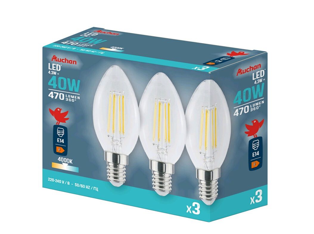 L&Acirc;MPADA LED VELA AUCHAN E14 40W EQUI LUZ BRANCA 3 UNIDADES