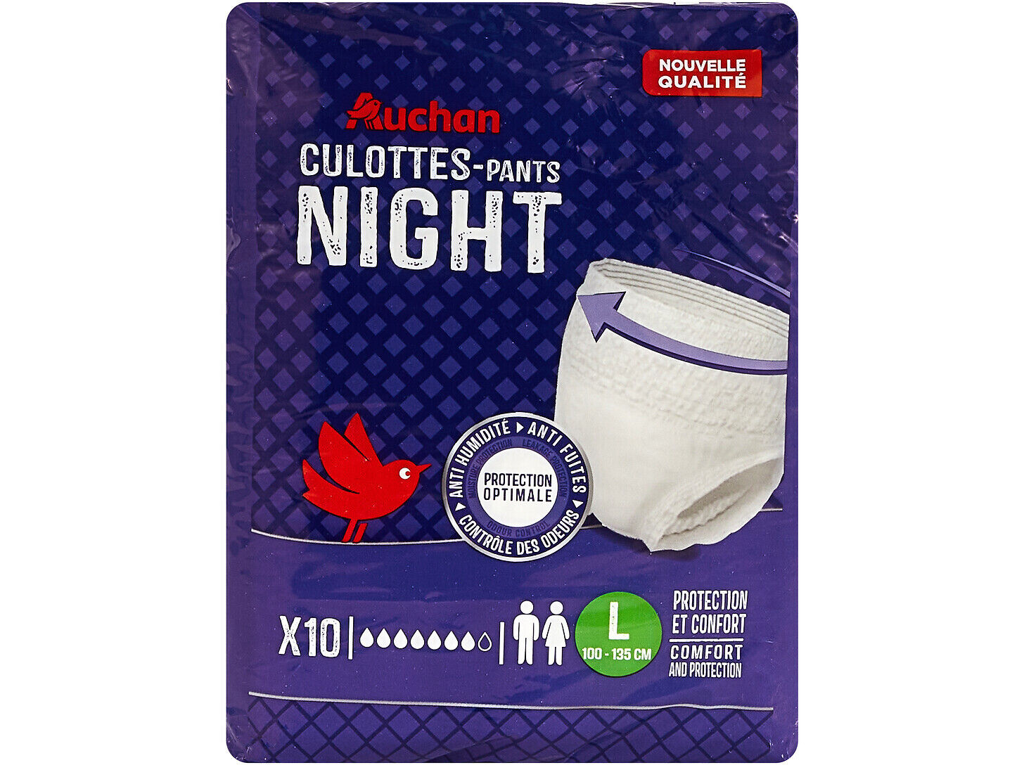 CUECAS DE INCONTIN&Ecirc;NCIA AUCHAN NOITE TAMANHO L UNISSEXO 10UN