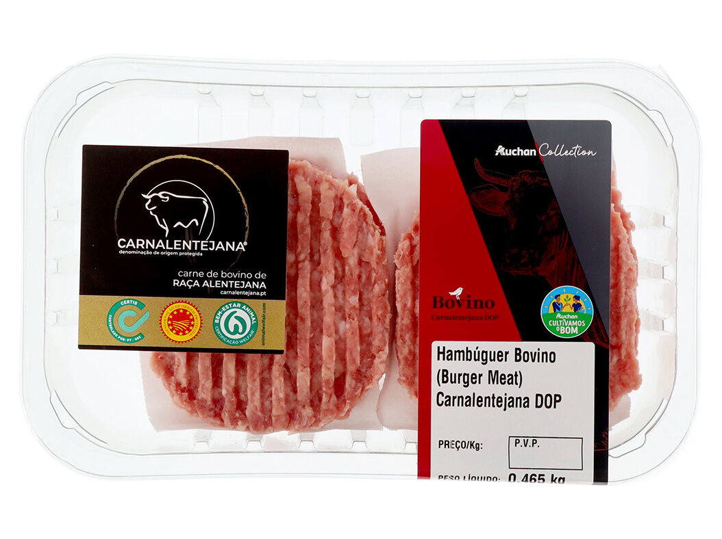 HAMBURGUER BOVINO CARNALENTEJANA DOP ISENTO GLUTEN AUCHAN CULTIVAMOS O BOM 4UNI 465GR