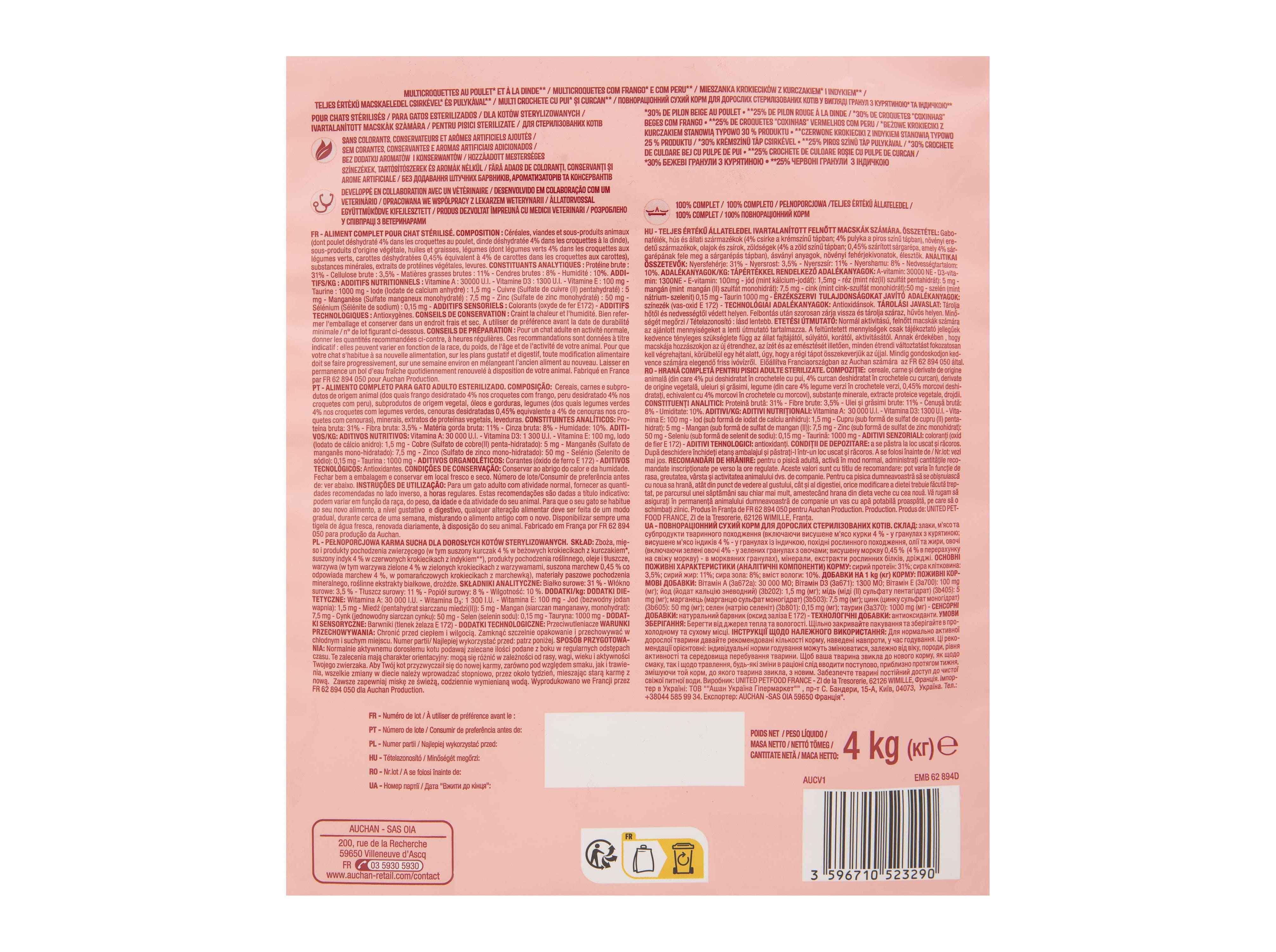 RA&Ccedil;&Atilde;O PARA GATO AUCHAN ESTERILIZADO COM FRANGO E COM PERU 4KG image number 2