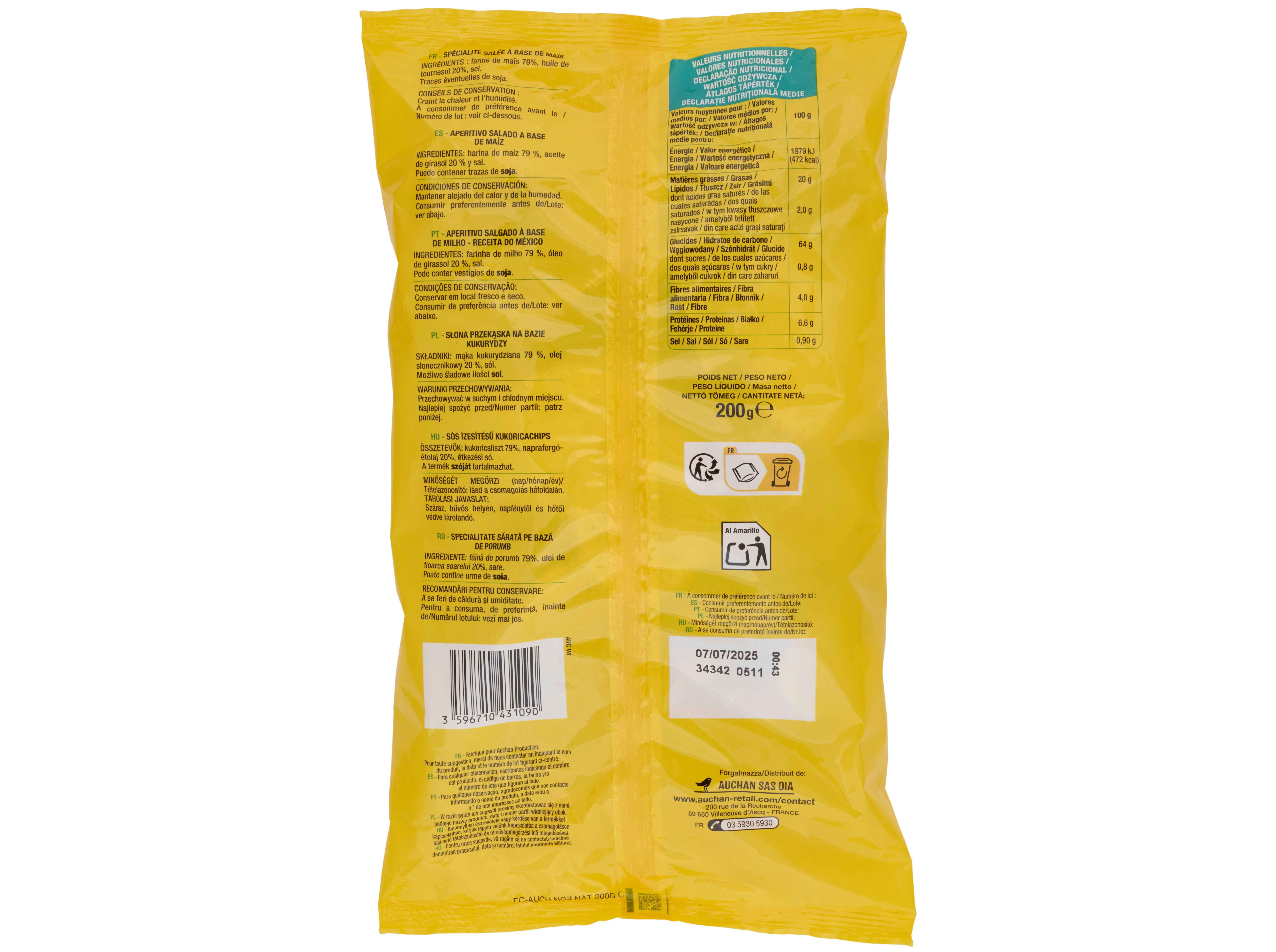 NACHOS AUCHAN CHIPS NATURE 200G image number 1