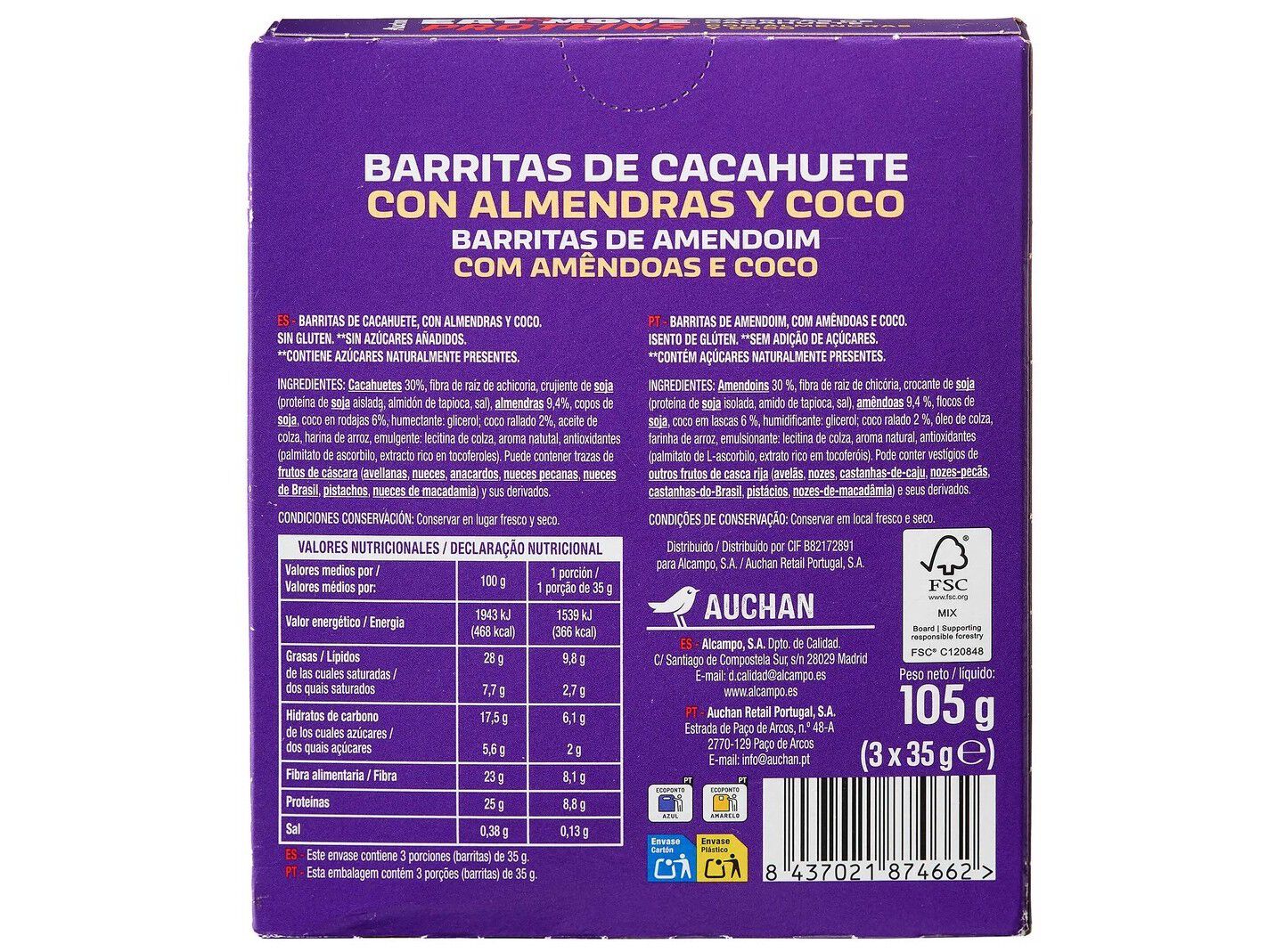BARRITA PROTEINS AUCHAN EAT'N MOVE AMENDOIM AM&Ecirc;NDOAS E COCO 3UN 105G image number 1