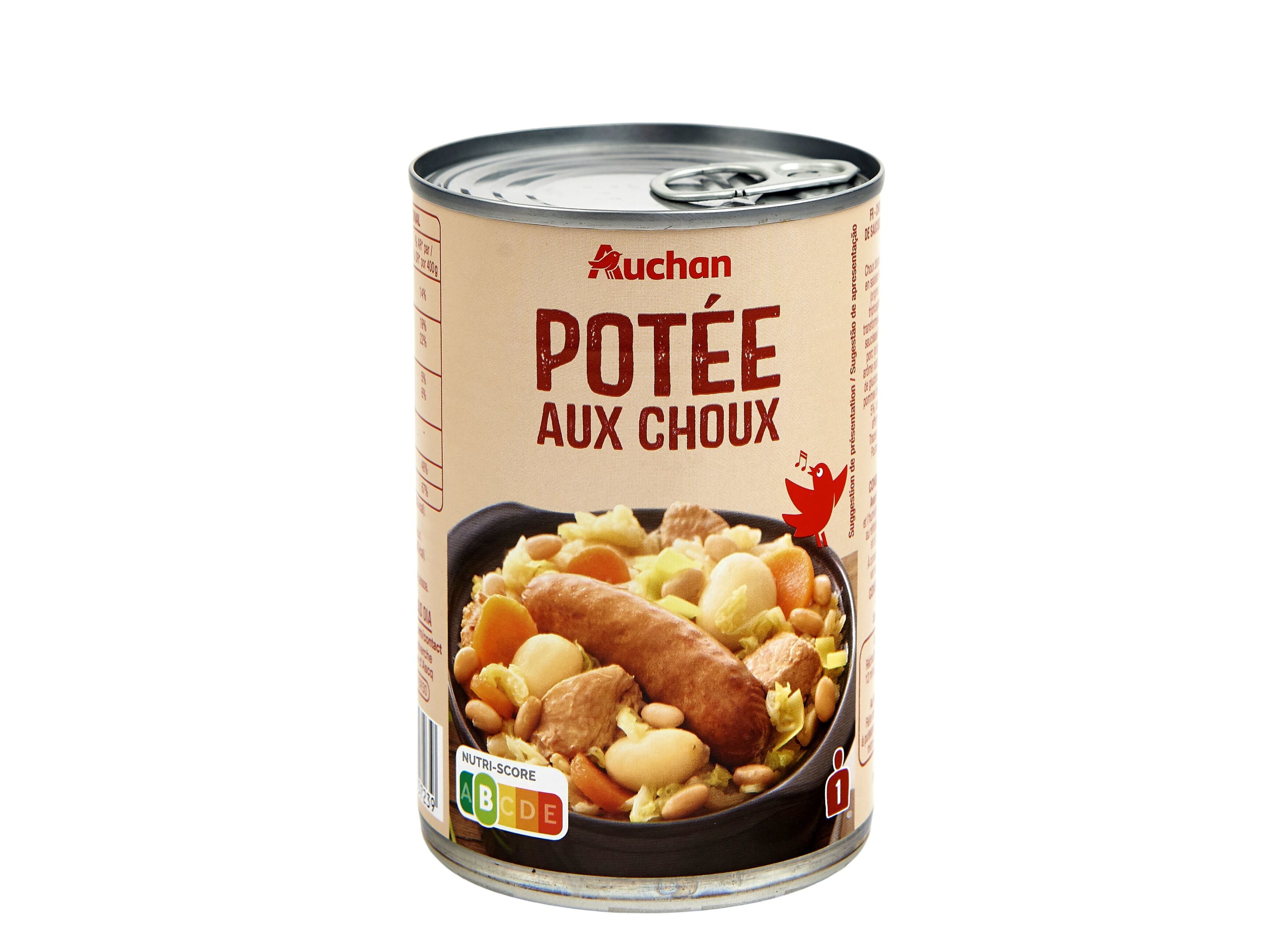 COUVE AUCHAN COM LEGUMES SALSICHA FUMADA E CARNE DE SU&Iacute;NO EM LATA 400G