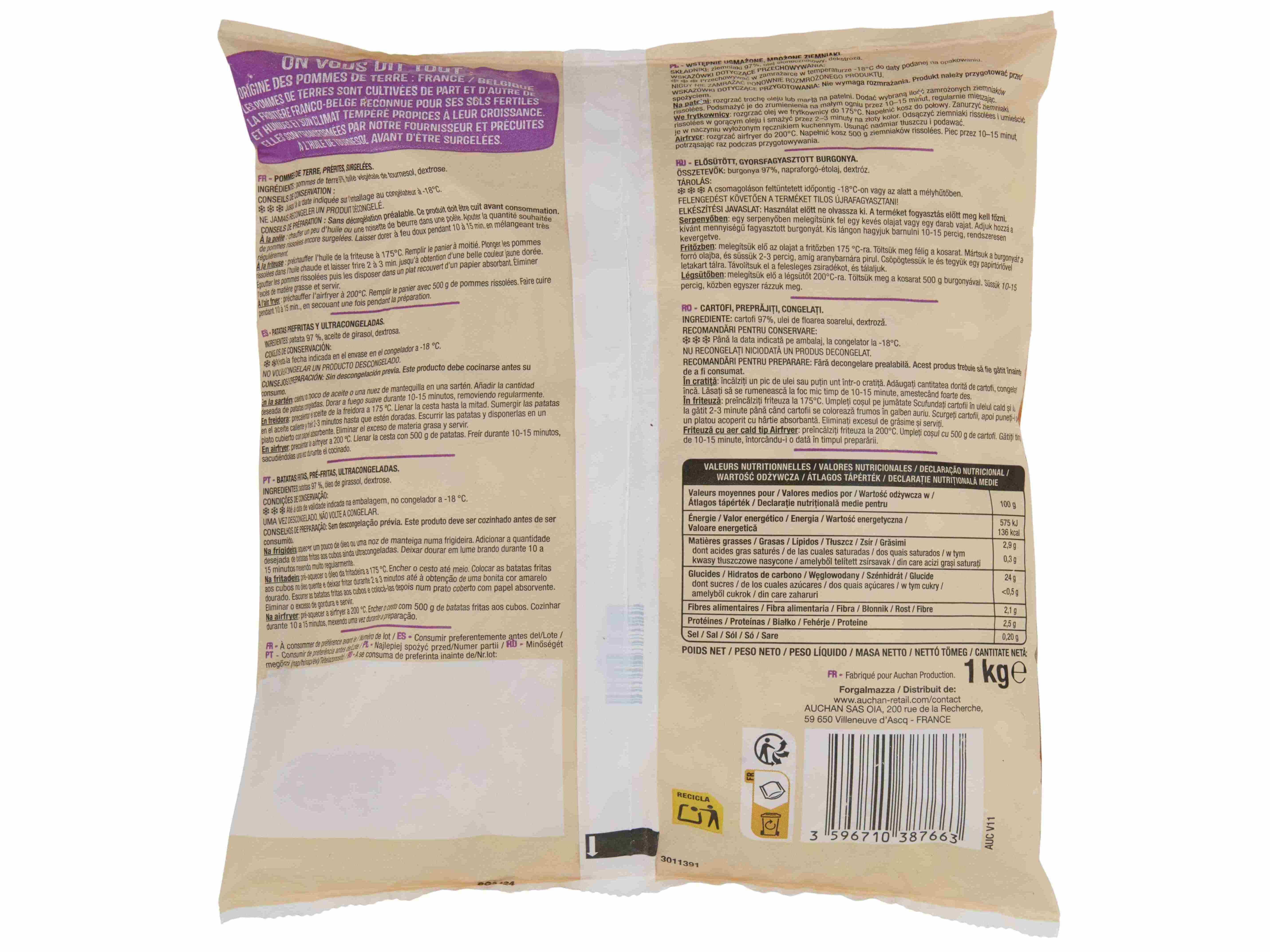 BATATAS PR&Eacute;-FRITAS AUCHAN CUBOS &Oacute;LEO GIRASSOL 1KG image number 1