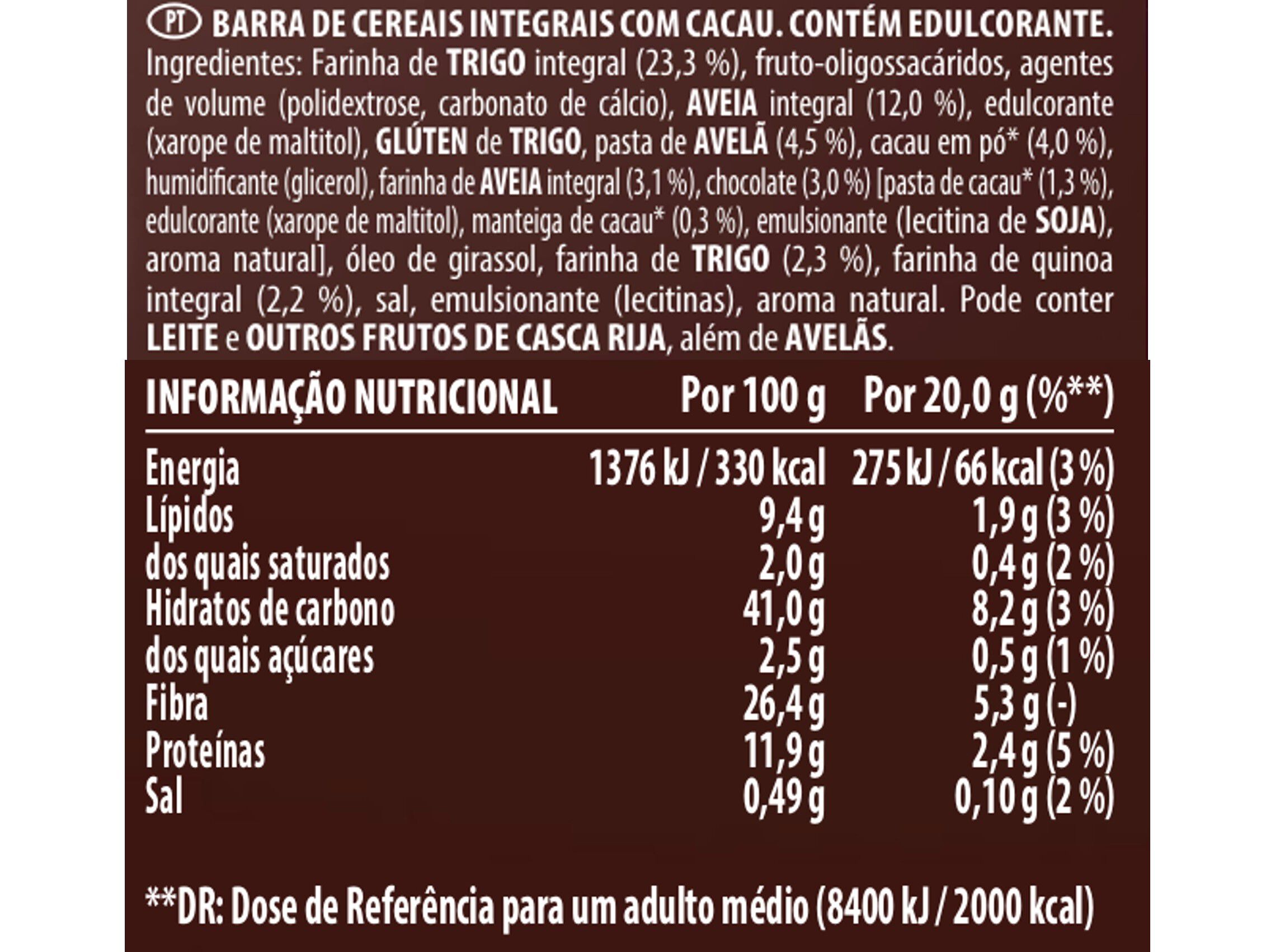 BARRAS FITNESS 0% A&Ccedil;UCAR CACAU 12X20G image number 1