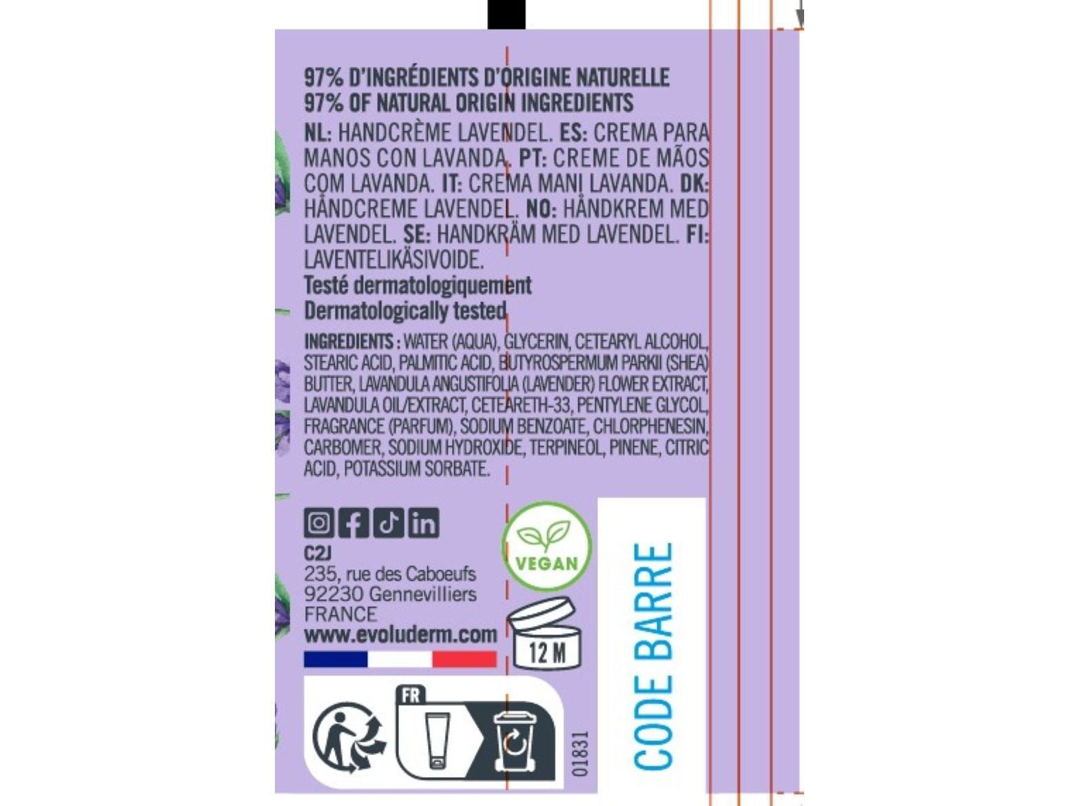 CREME DE M&Atilde;OS EVOLUDERM LAVANDA 30 ML image number 1