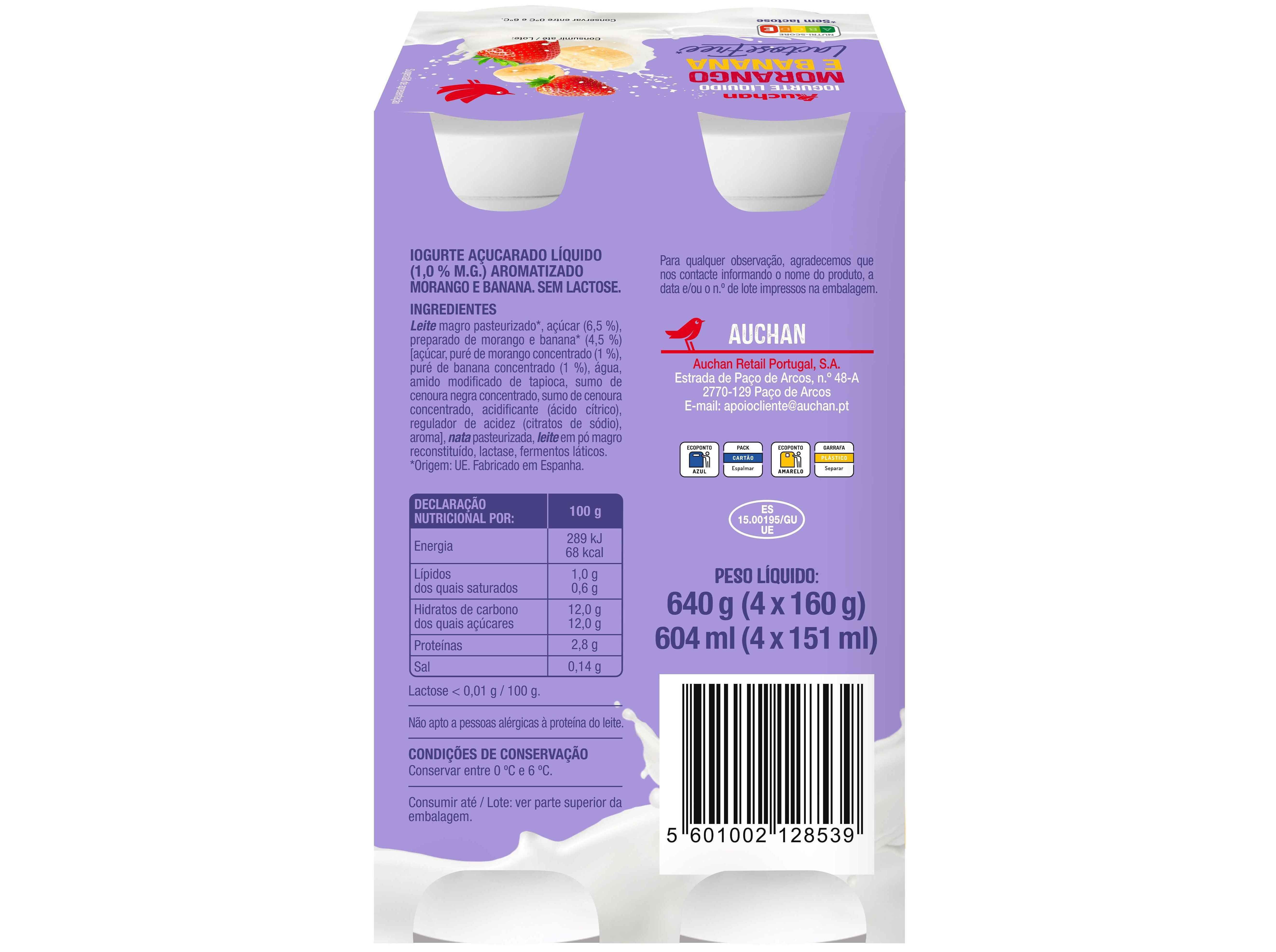 IOGURTE L&Iacute;QUIDO AUCHAN SEM LACTOSE MORANGO E BANANA 4X160G image number 1