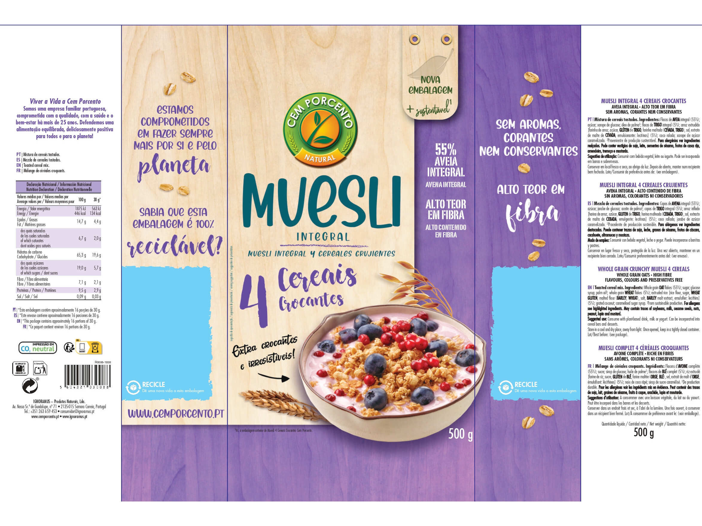 CEREAIS CEM PORCENTO MUESLI CROCANTE 4 CEREAIS 500G image number 1