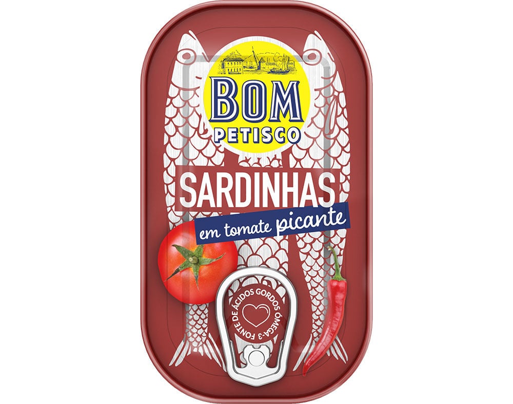 SARDINHA INTEIRA BOM PETISCO EM TOMATE PICANTE 120(78)G