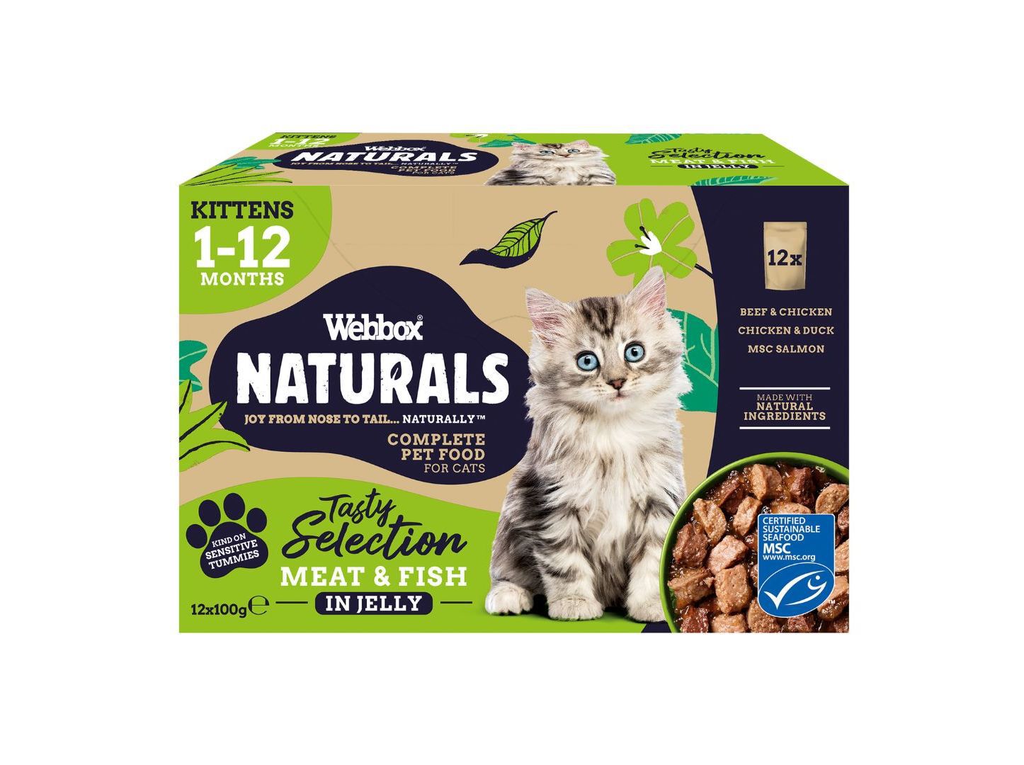 COMIDA H&Uacute;MIDA PARA GATO NATURAL WEBBOX SAQUETAS PARA GATINHOS 12X100G image number 0