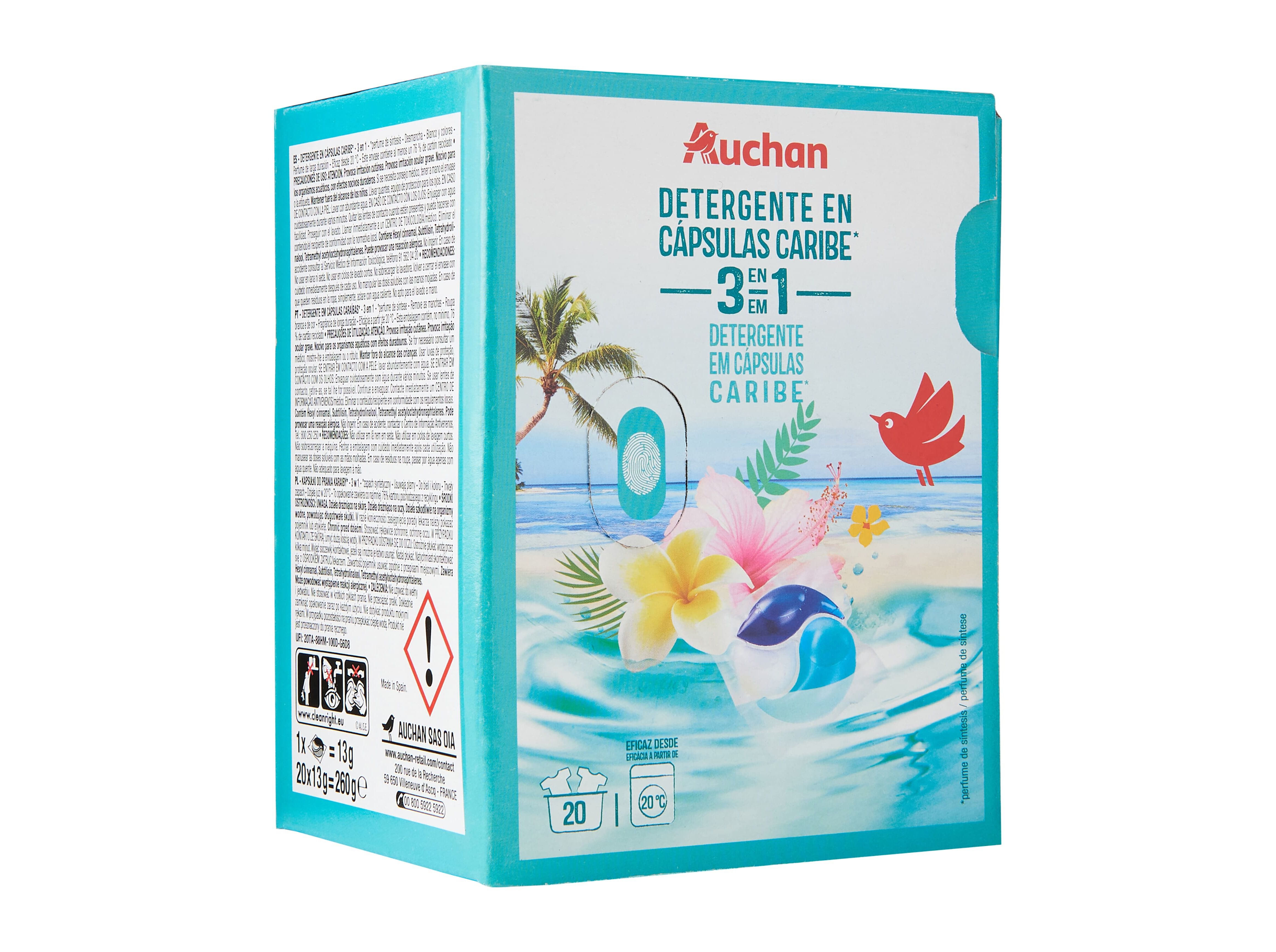 DETERGENTE M&Aacute;Q. ROUPA AUCHAN C&Aacute;PSULAS 3EM1 CARA&Iacute;BAS 20D image number 1