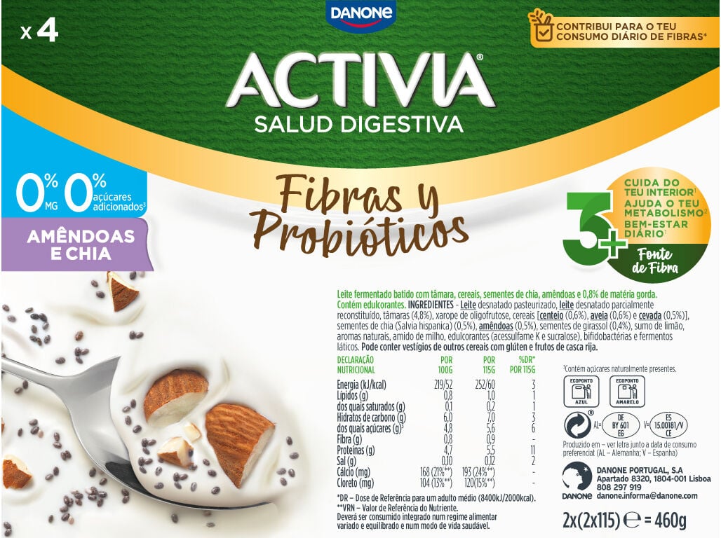 IOGURTE BIFIDUS ACTIVIA CHIA AMENDOA 0% 4X120G image number 1