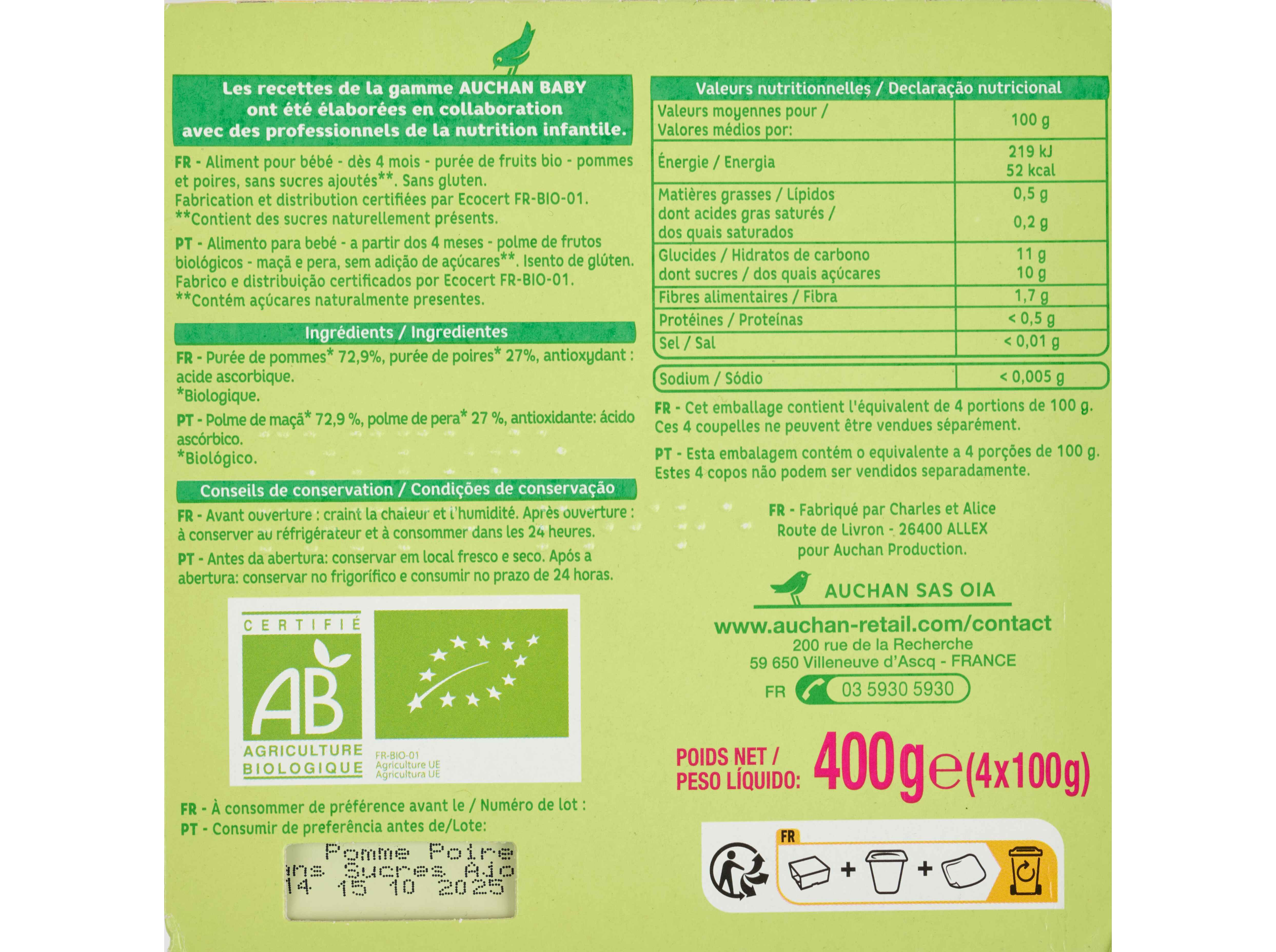 TACINHA FRUTA AUCHAN BABY BIO MA&Ccedil;&Atilde; E PERA SEM GL&Uacute;TEN 4X100G image number 1