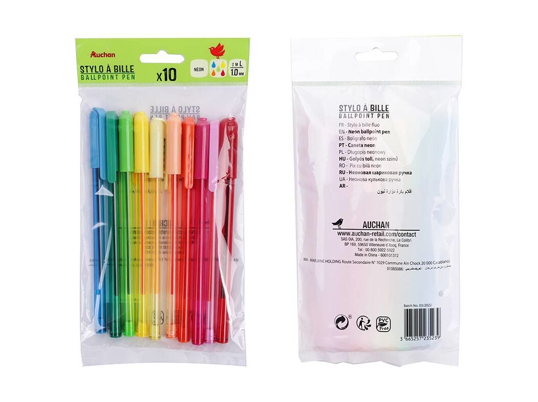 CONJUNTO DE 10 ESFEROGR&Aacute;FICAS AUCHAN NEON