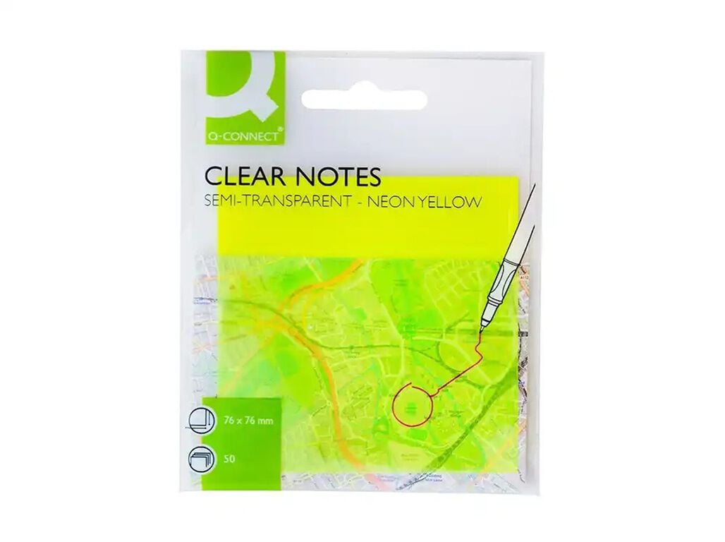 BLOCO NOTAS ADERENTES Q-CONNECT TRANSL&Uacute;CIDO NEON AMARELO 76X76MM 50 FOLHAS