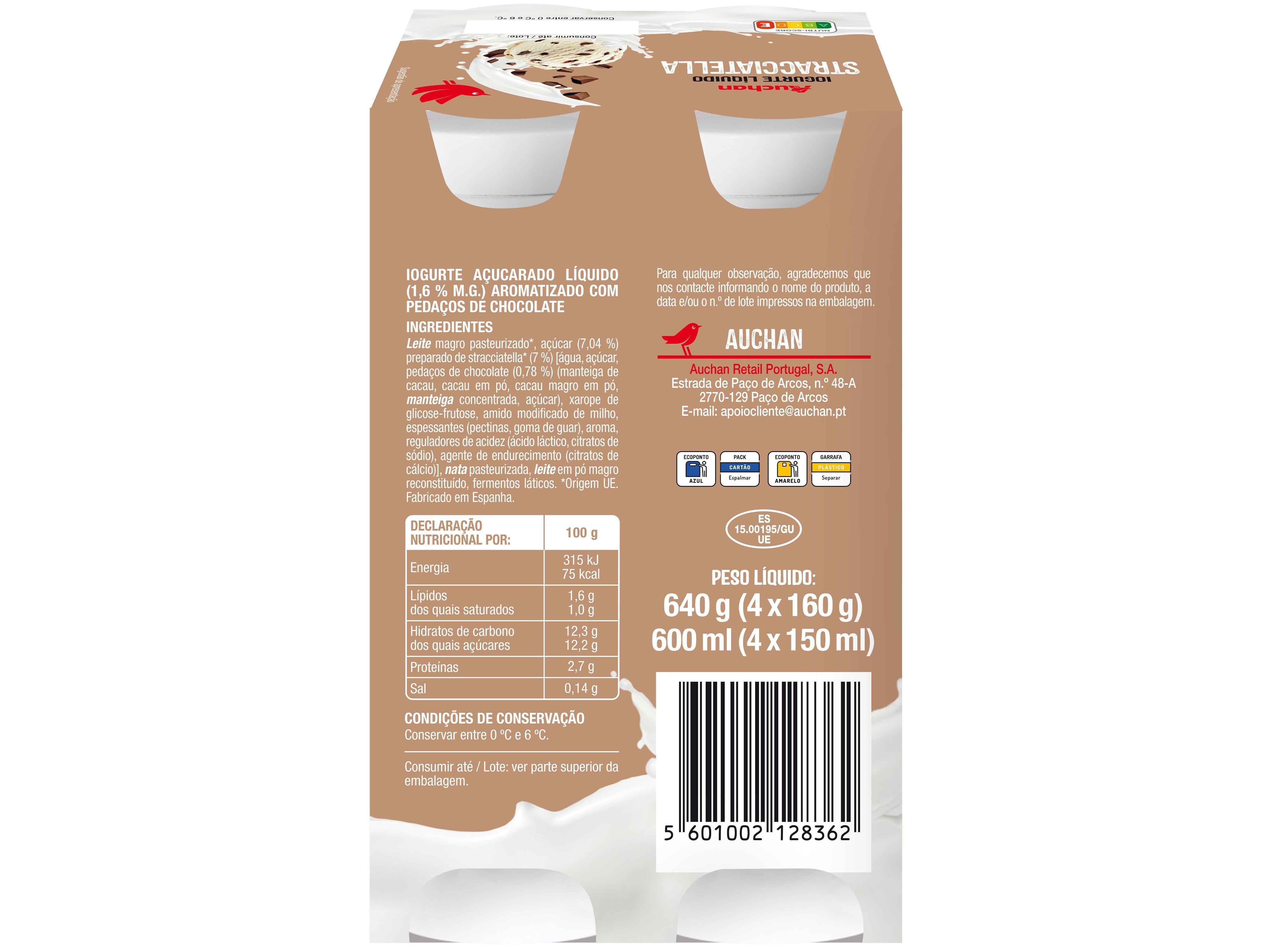 IOGURTE L&Iacute;QUIDO AUCHAN STRACCIATELLA 4X160G image number 1