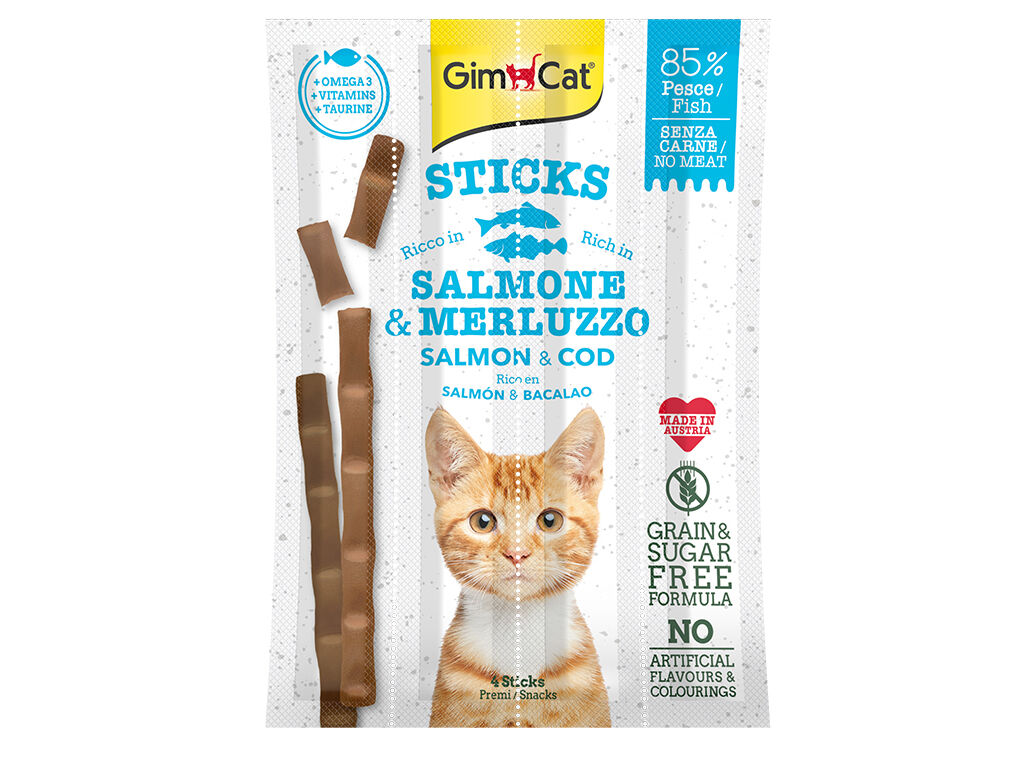 SNACKS PARA GATO GIMCAT STICKS COM SALM&Atilde;O E BACALHAU 4 UNIDADES image number 0