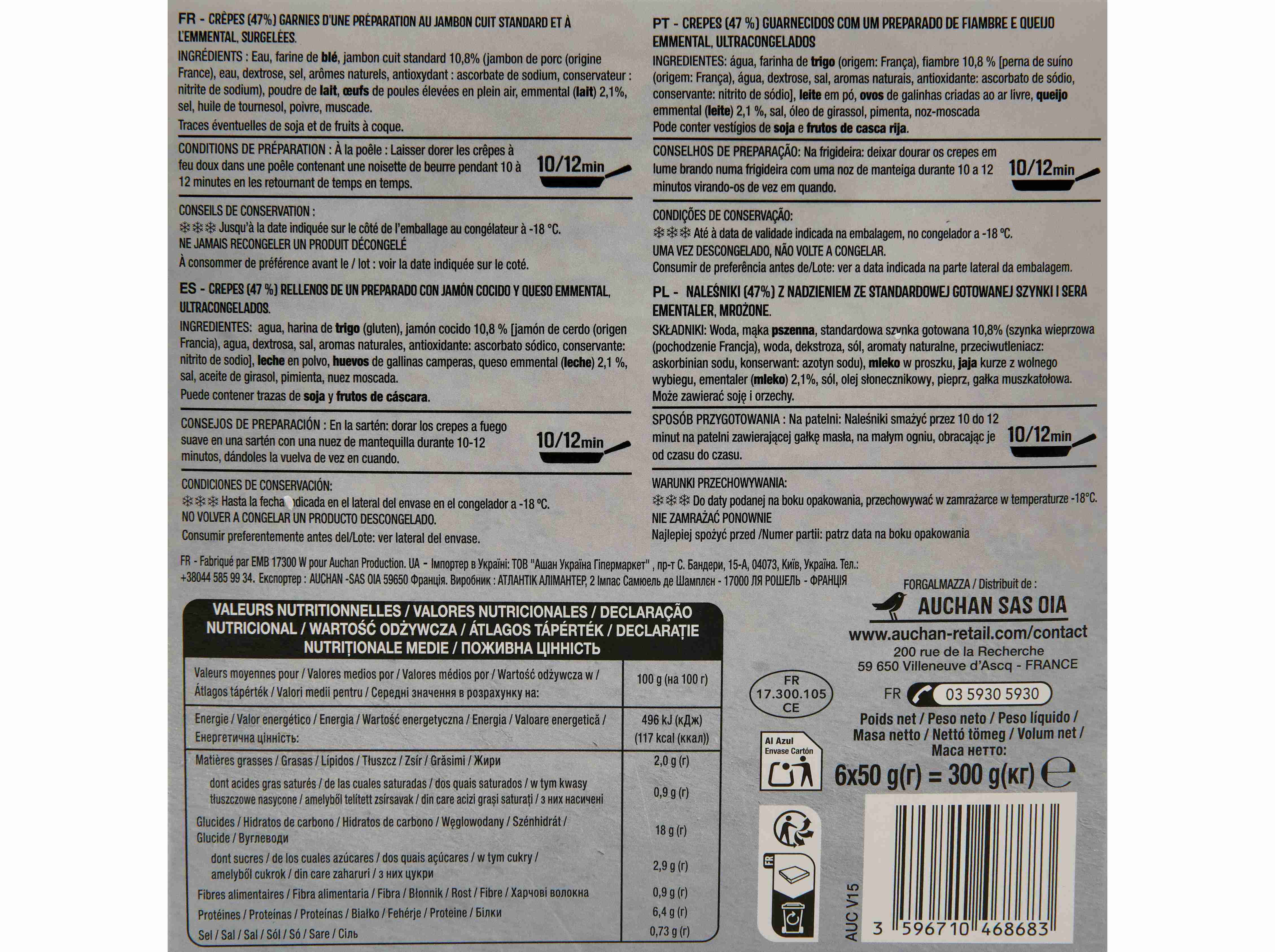 CREPES AUCHAN FIAMBRE COM QUEIJO EMMENTAL 6UN 300G image number 2