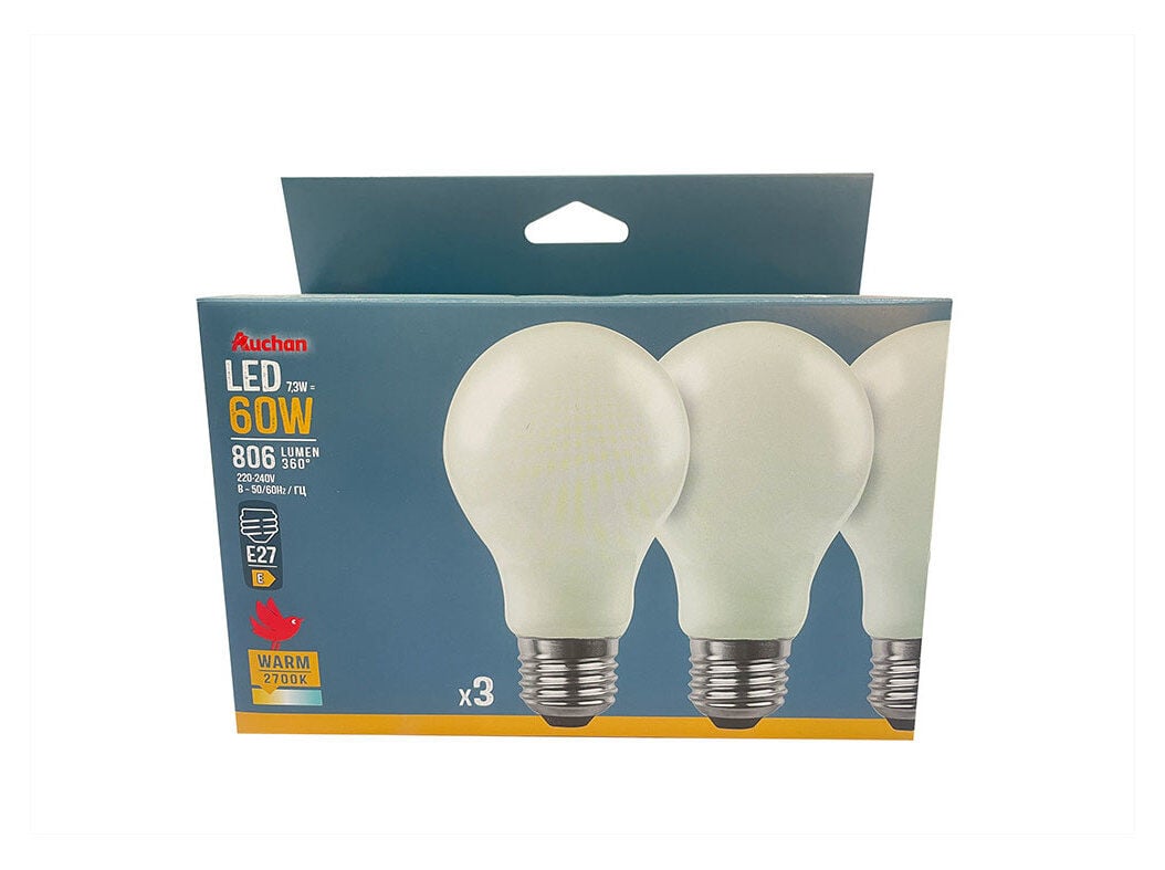 L&Acirc;MPADA LED AUCHAN E27 60W EQUI LUZ AMARELA 3 UNIDADES