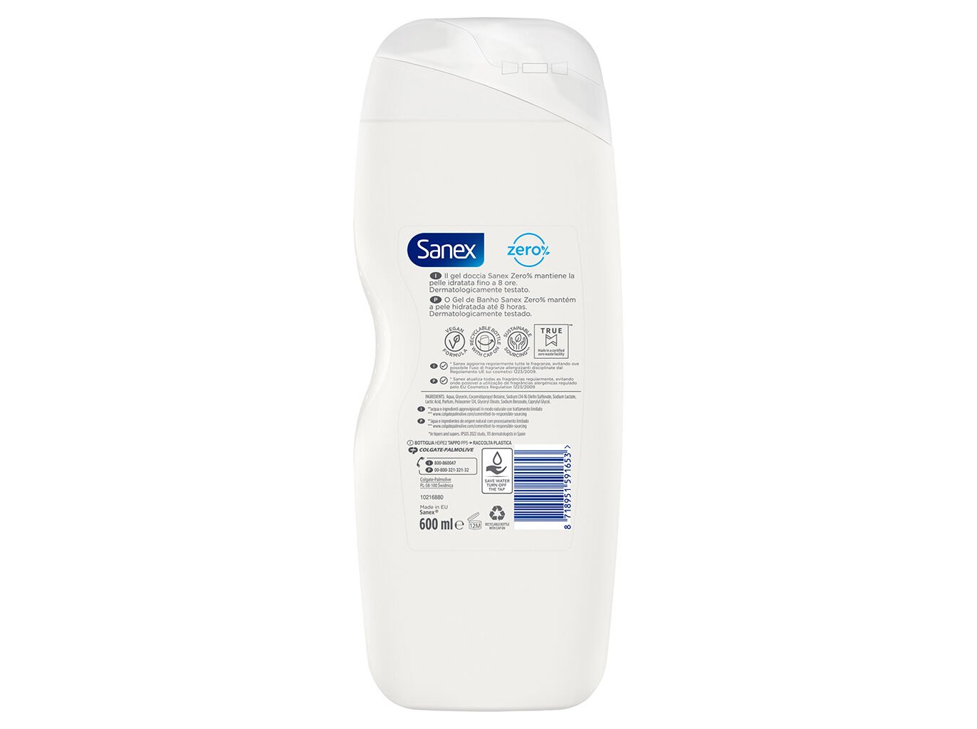 GEL BANHO SANEX ZERO% PELE SECA 600ML image number 1