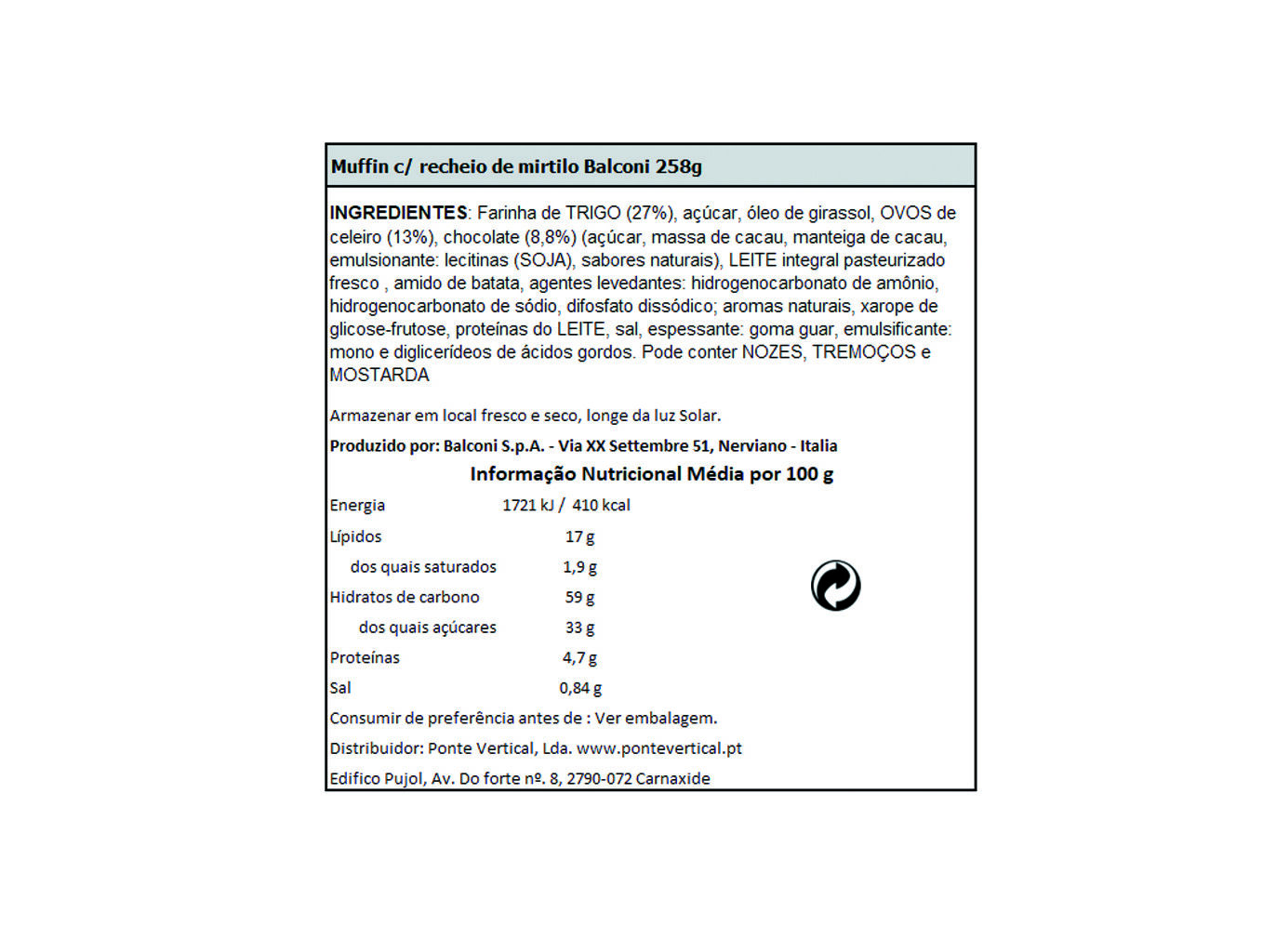 MUFFIN BALCONI RECHEIO DE MIRTILO 258 G image number 1