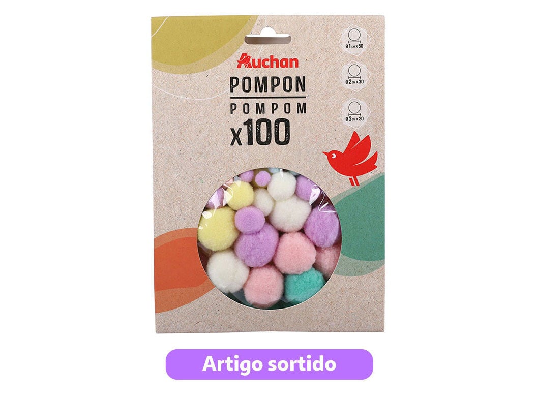 POMPONS AUCHAN FUN 100 UNIDADES CORES SORTIDAS