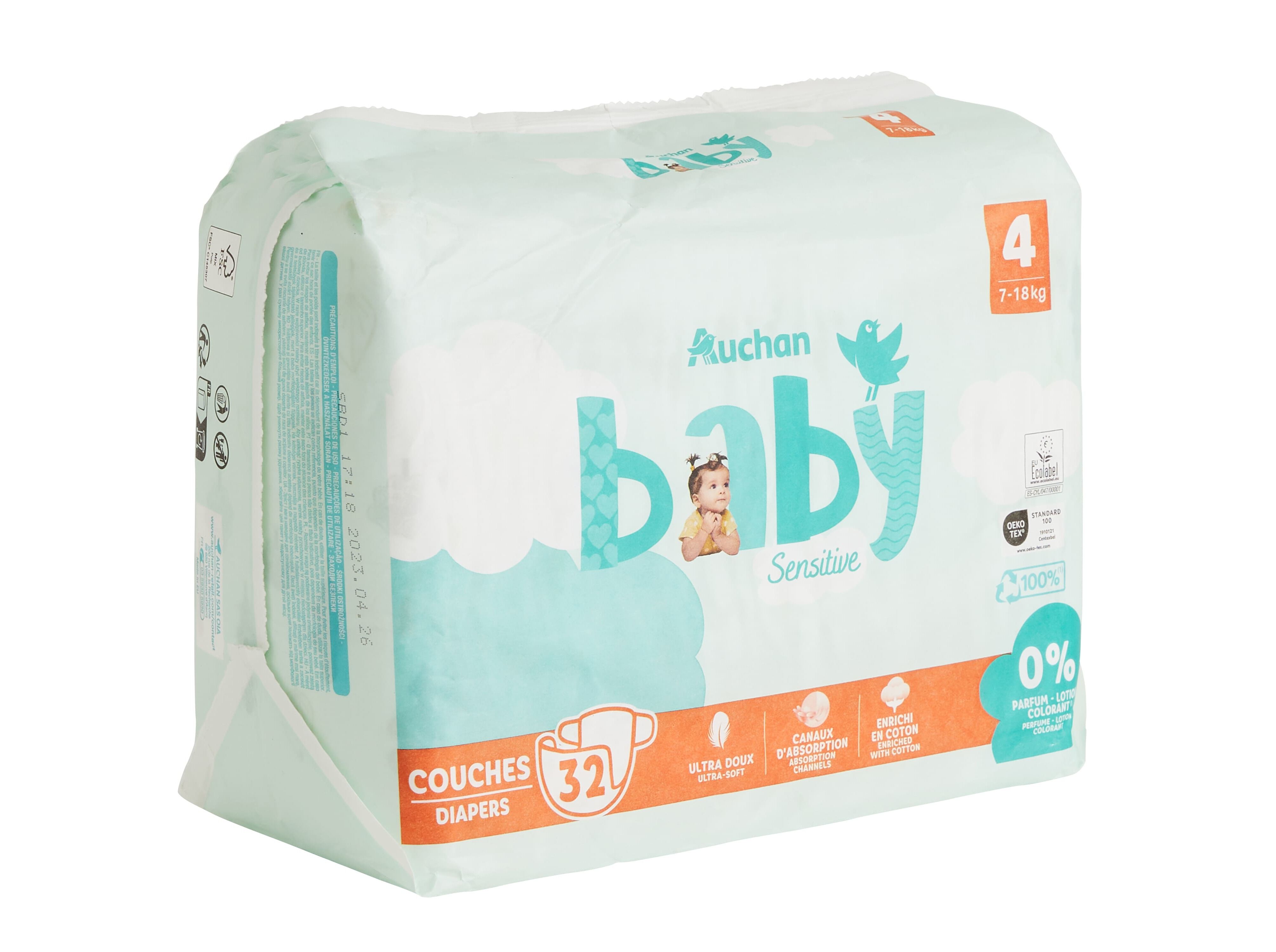 FRALDAS AUCHAN BABY SENSITIVE ECOL&Oacute;GICAS TAMANHO 4 7-18KG 32UN image number 2