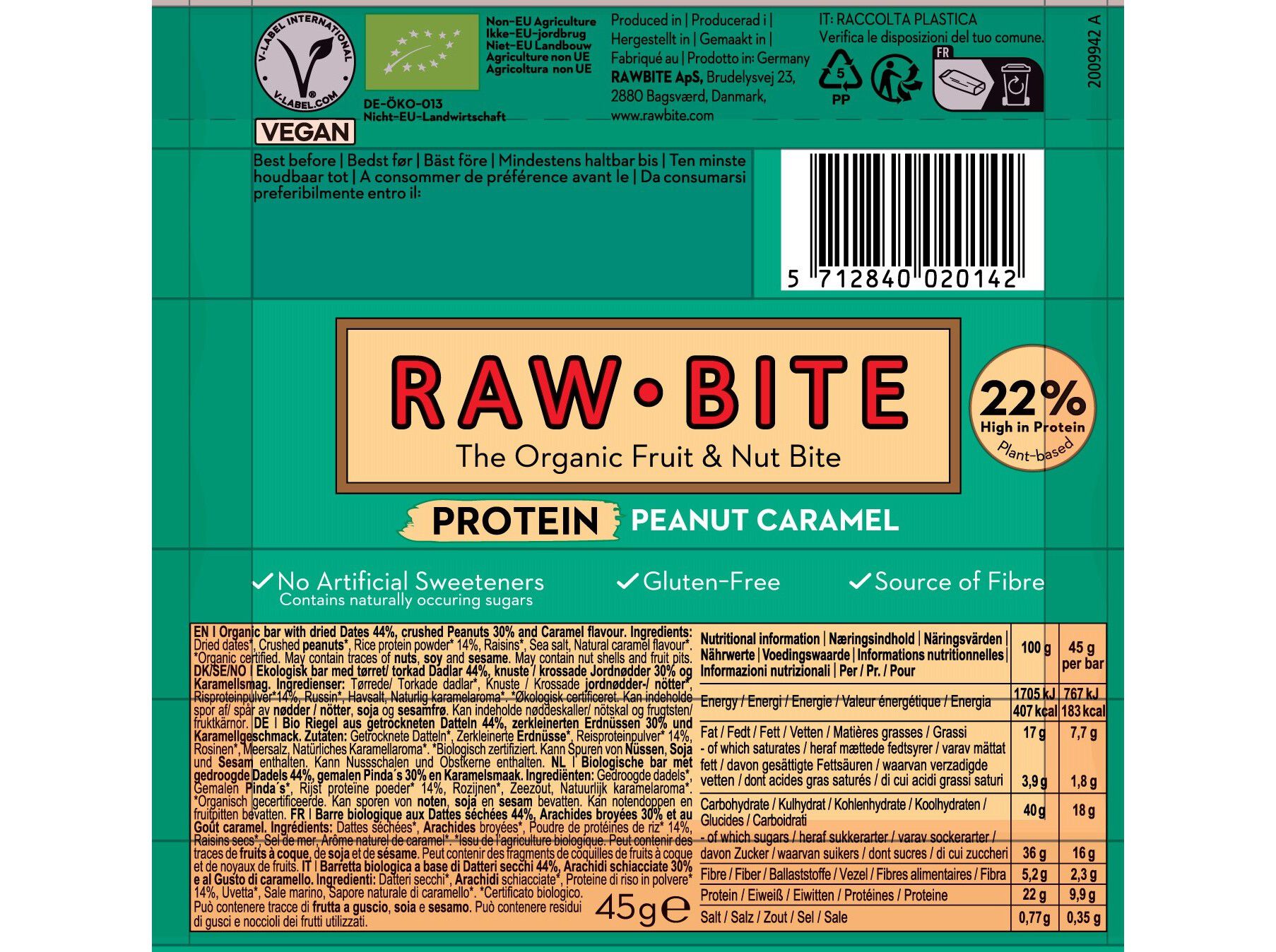 BARRA BIO RAW BITE PROTE&Iacute;NA AMENDOIM CARAMELO 45G image number 1