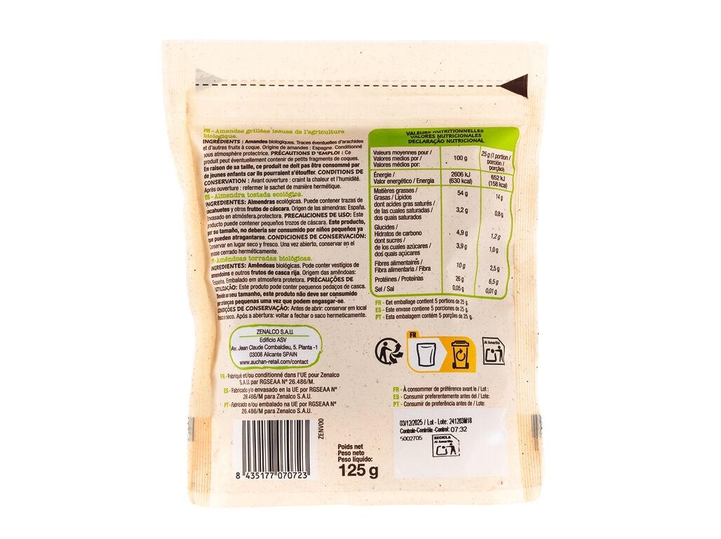 AMENDOAS AUCHAN BIO TORRADAS 125G image number 1