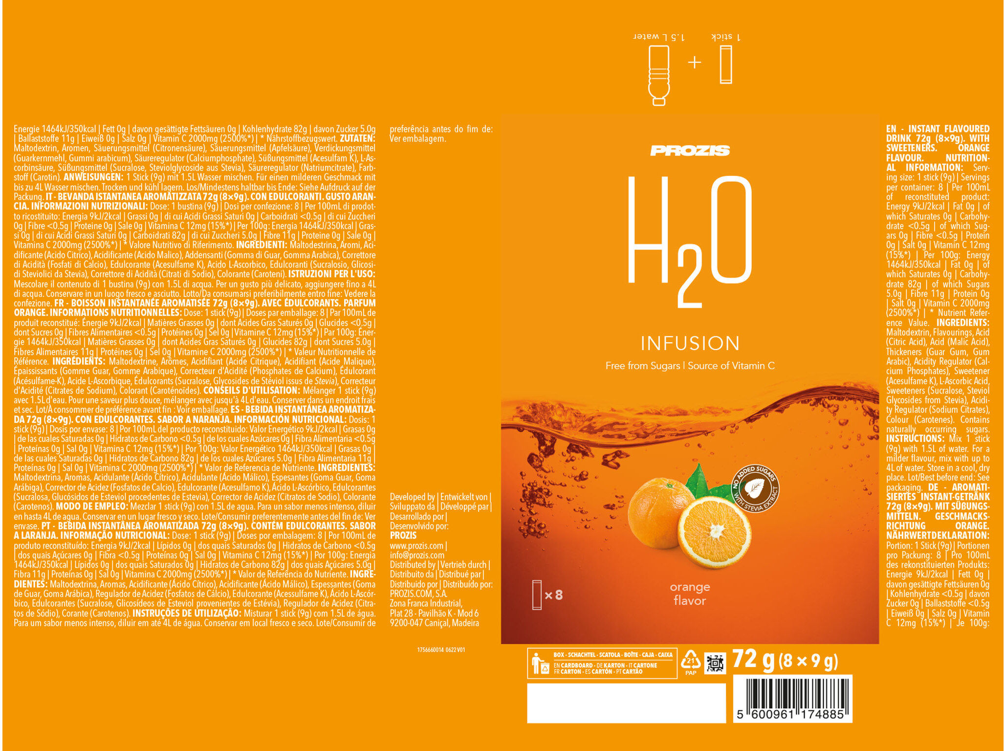 BEBIDA INSTANT&Acirc;NEA H2O PROZIS LARANJA 72G (8X9G) image number 1