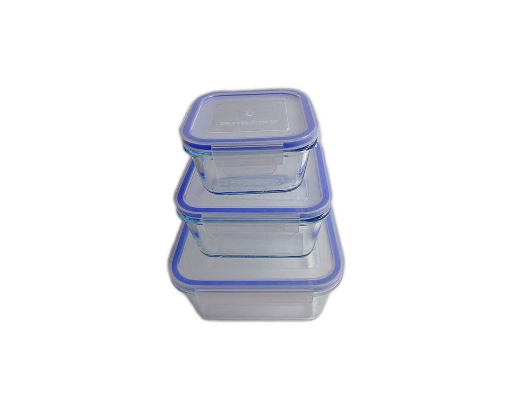 CONJUNTO DE 3 CAIXAS HERM&Eacute;TICAS ACTUEL VIDRO QUADRADAS AZUL 0.4L/0.9L/1.8L