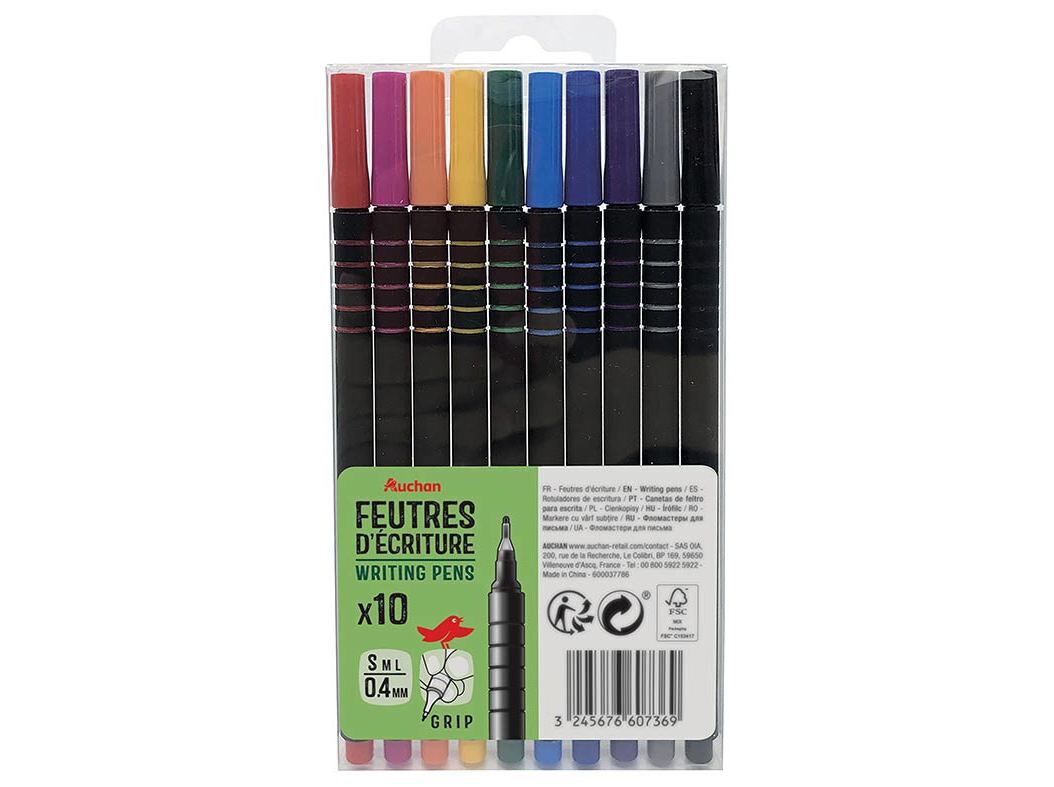 CONJUNTO DE 10 CANETAS DE FELTRO AUCHAN PONTA FINA 0.4MM