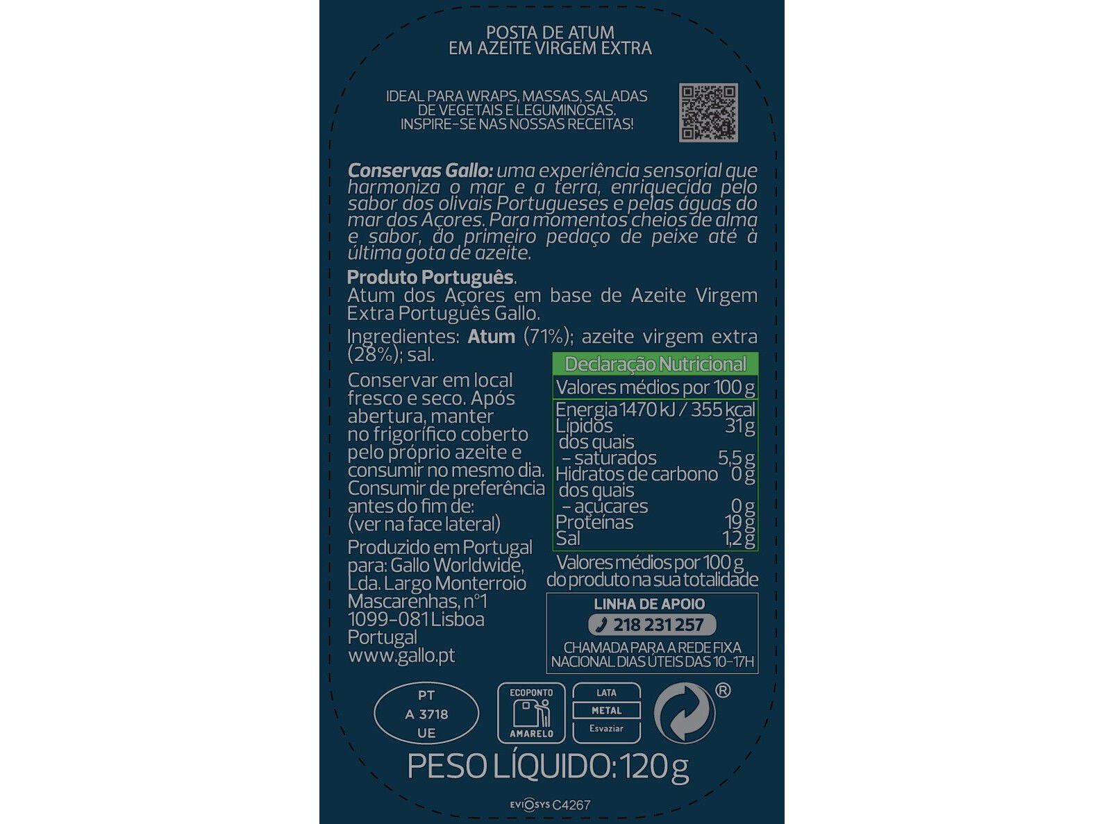 ATUM POSTA GALLO EM AZEITE VE 120(85)G image number 1