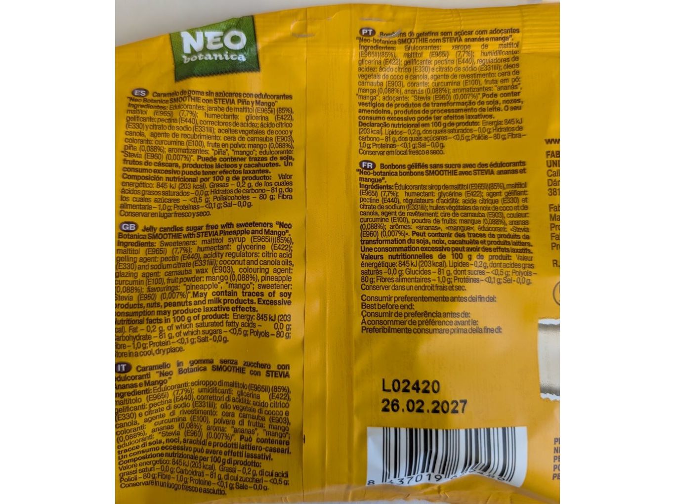 GOMAS NEO BOTANICA ANANAS E MANGA SEM A&Ccedil;UCAR 72GR image number 1