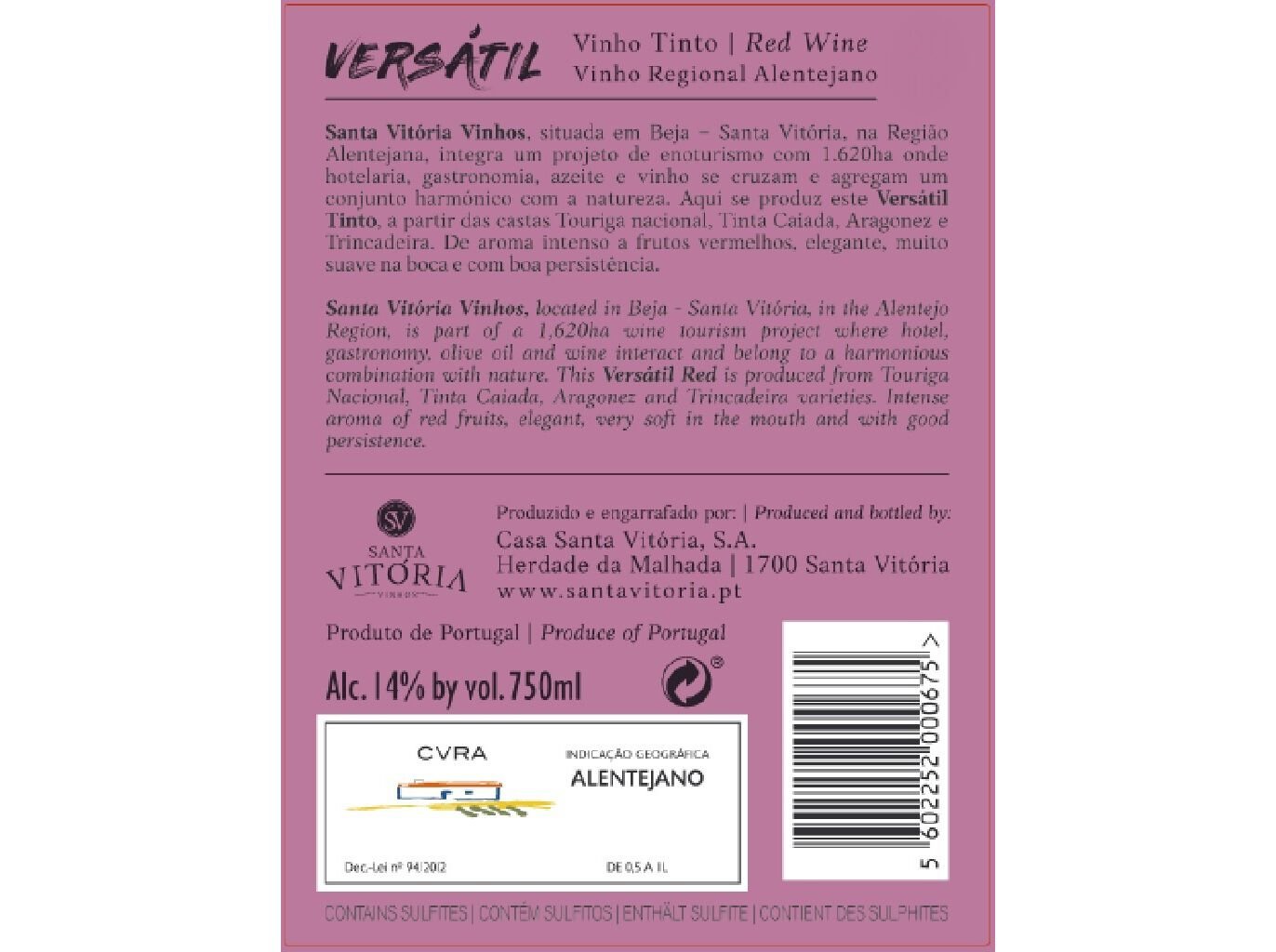 VINHO TINTO VERS&Aacute;TIL ALENTEJO 0.75L image number 1