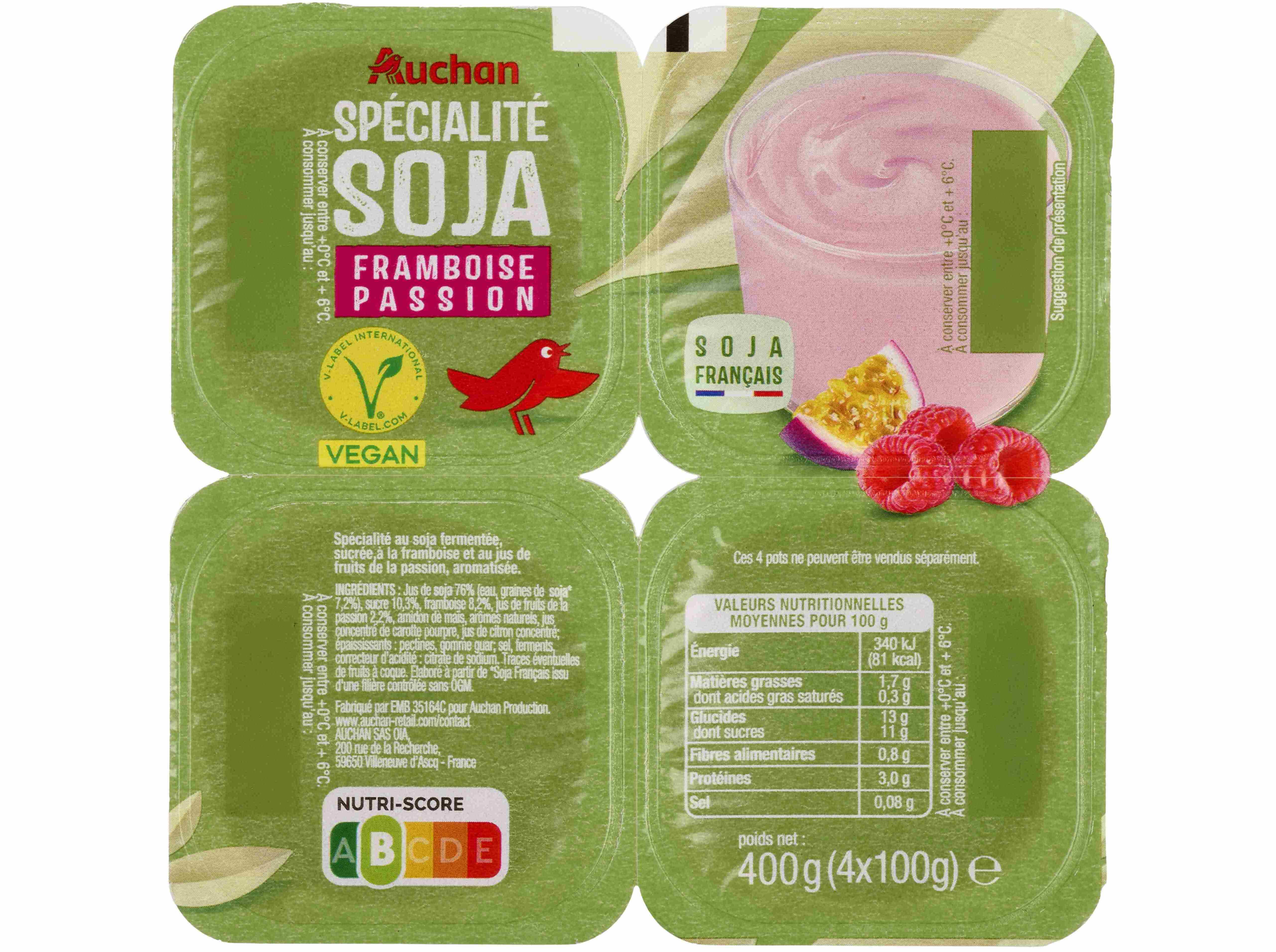 PREPARADO AUCHAN DE SOJA FRAMBOESA E MARACUJ&Aacute; 4X100G image number 1