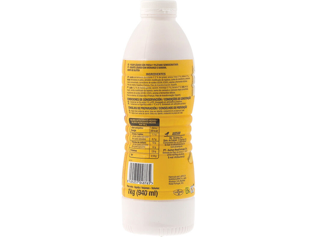 IOGURTE AUCHAN L&Iacute;QUIDO MORANGO E BANANA SEM GL&Uacute;TEN 1KG image number 1