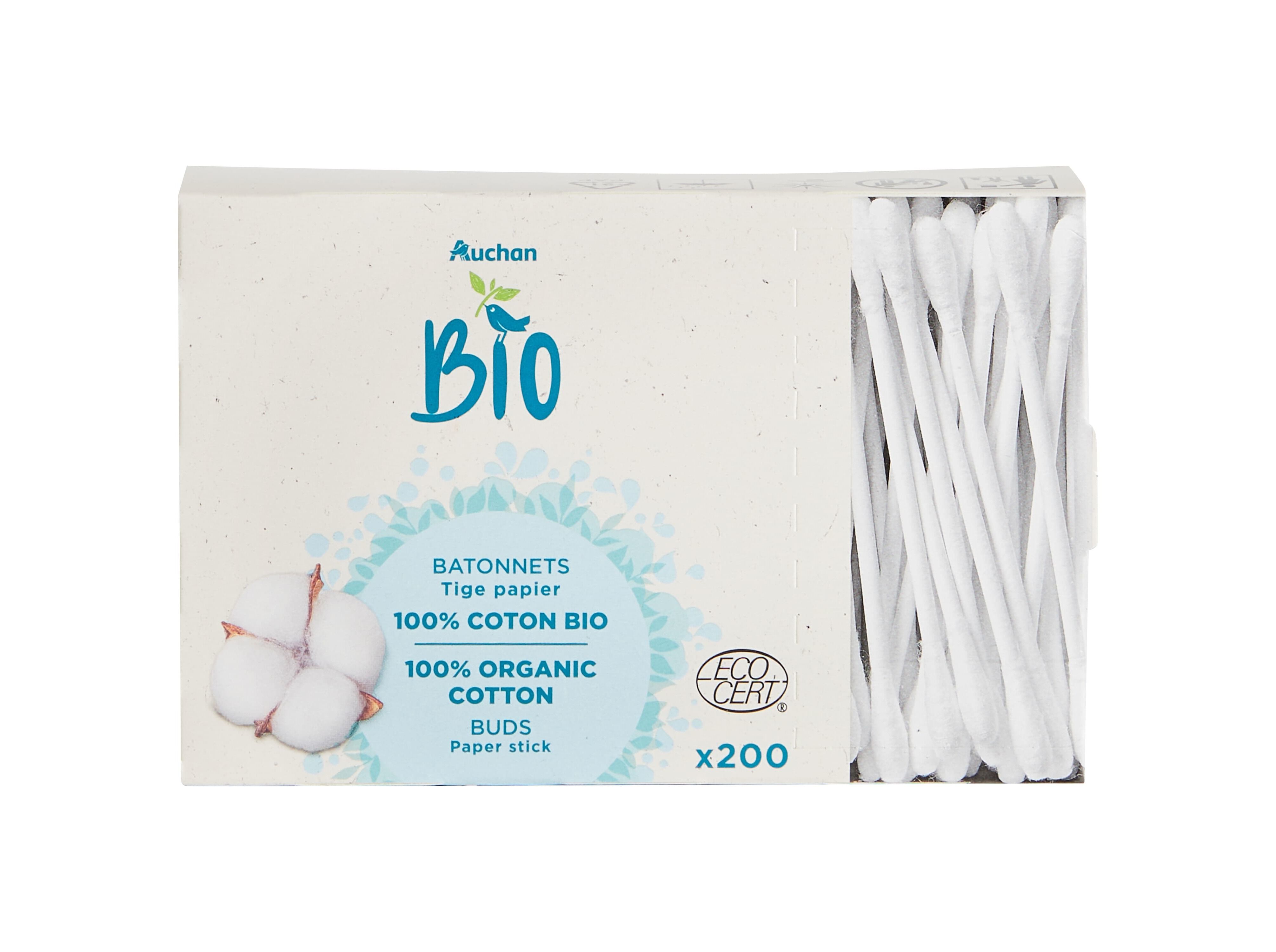 COTONETES AUCHAN BIO ALGOD&Atilde;O COM CABO PAPEL 200UN