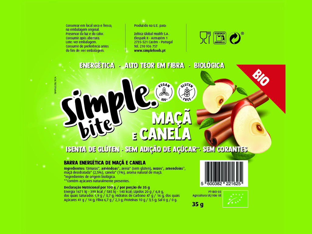 BARRA SIMPLE MA&Ccedil;&Atilde; E CANELA BIO BITE 35G image number 1