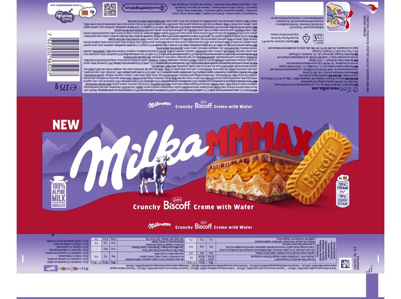 TABLETE CHOCOLATE MILKA DE LEITE RECHEIO BISCOFF 275G image number 1
