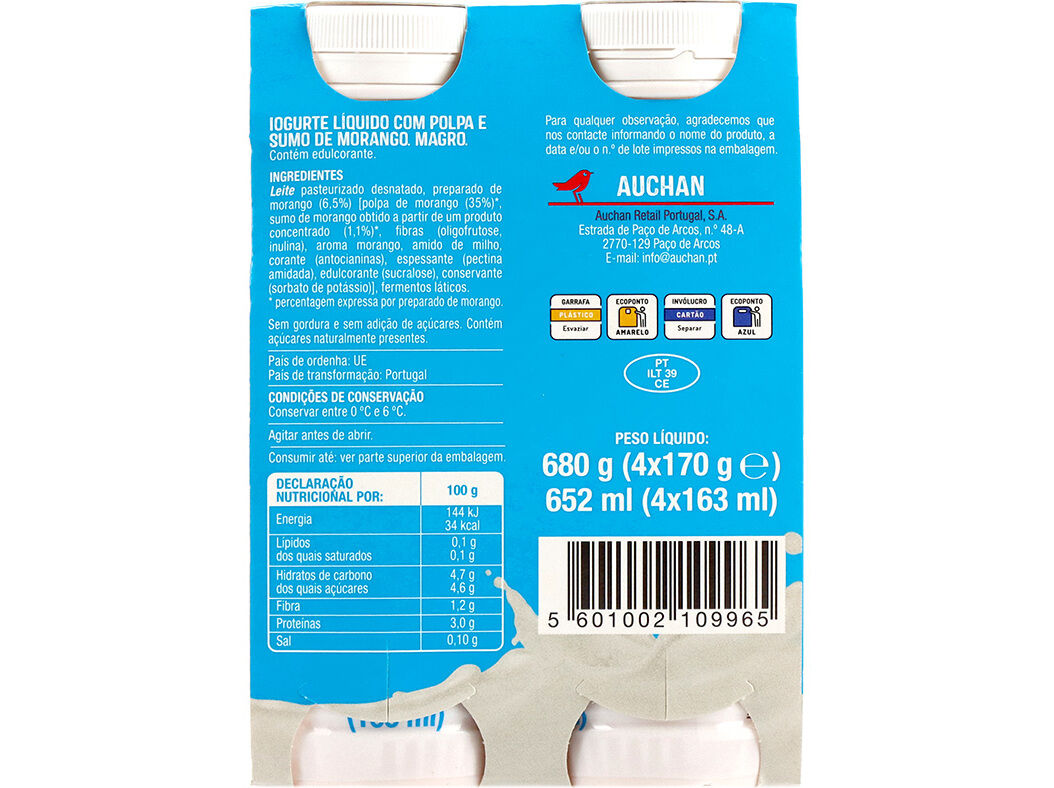 IOGURTE AUCHAN L&Iacute;QUIDO MAGRO MORANGO 4X170G image number 2