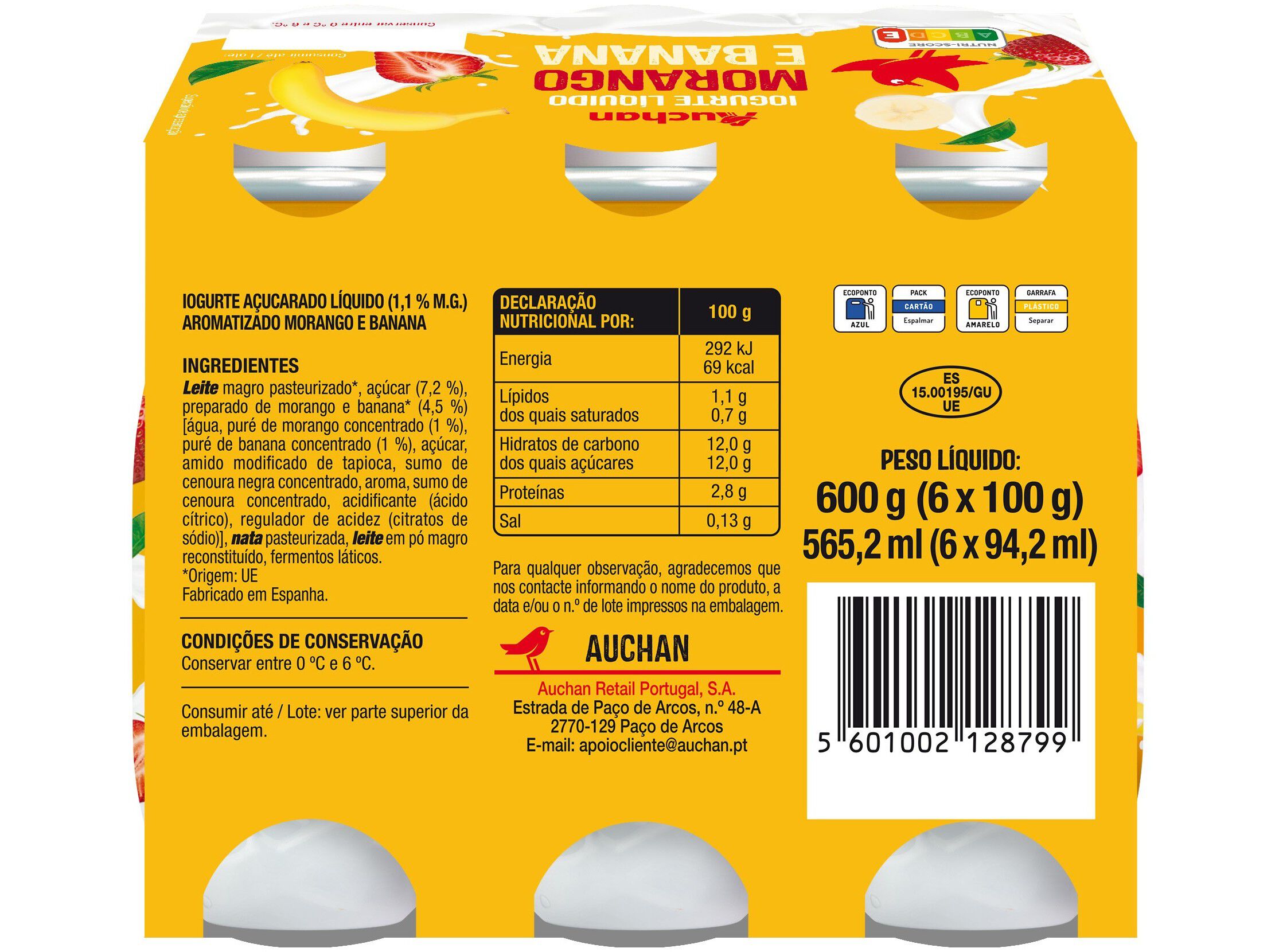 IOGURTE L&Iacute;QUIDO AUCHAN MORANGO E BANANA 6X100G image number 1