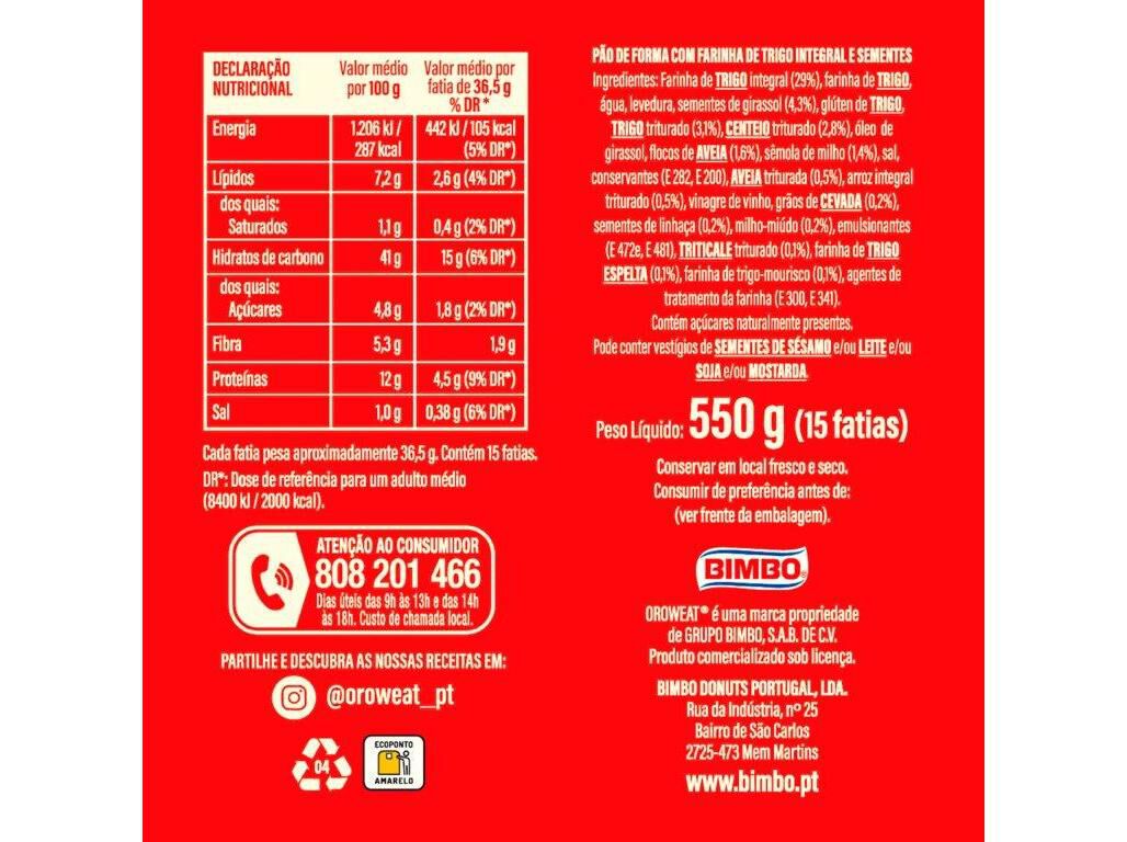 P&Atilde;O OROWEAT BIMBO 12 CEREAIS SEMENTES 550G image number 1